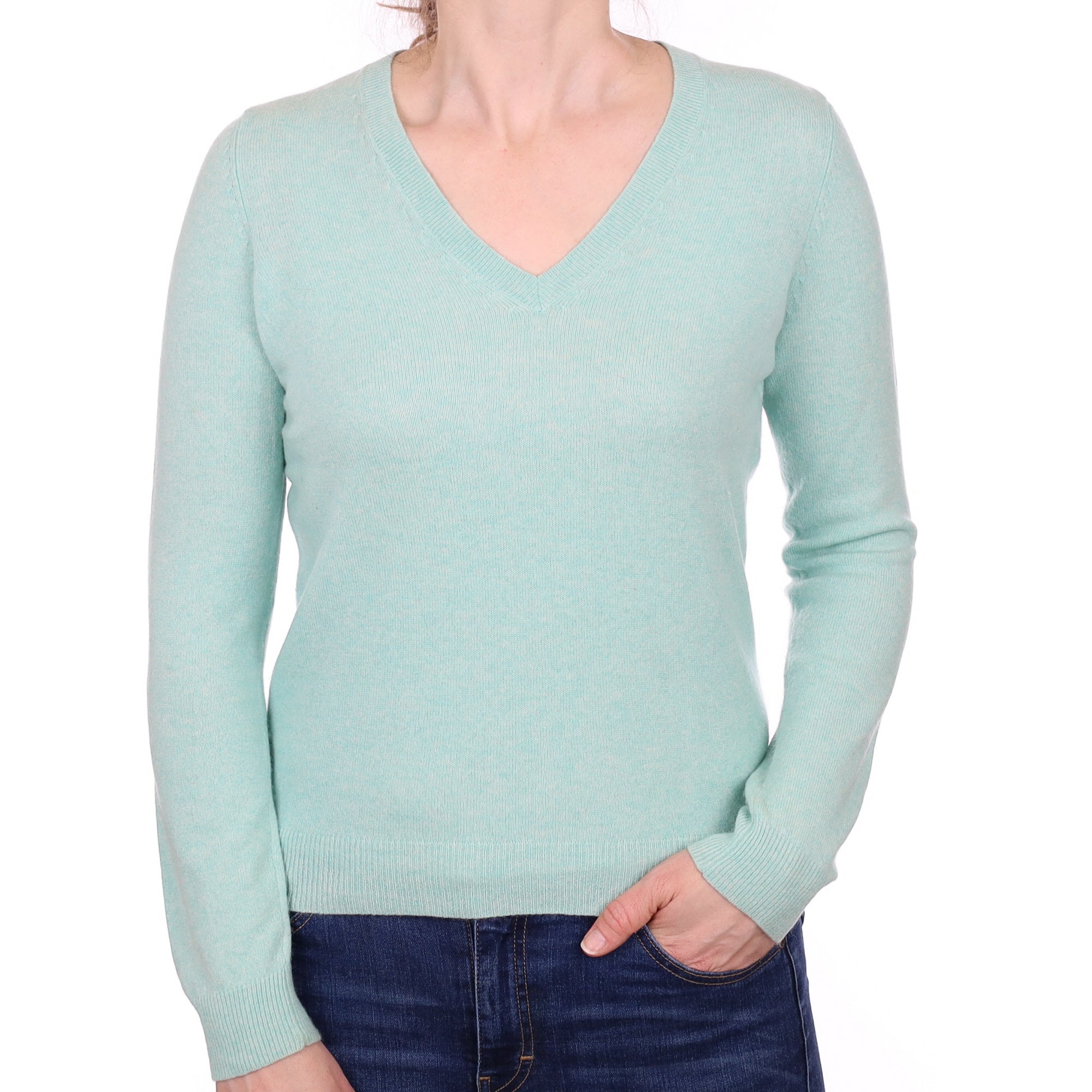 Mint Green Cashmere V Neck Jumper Small