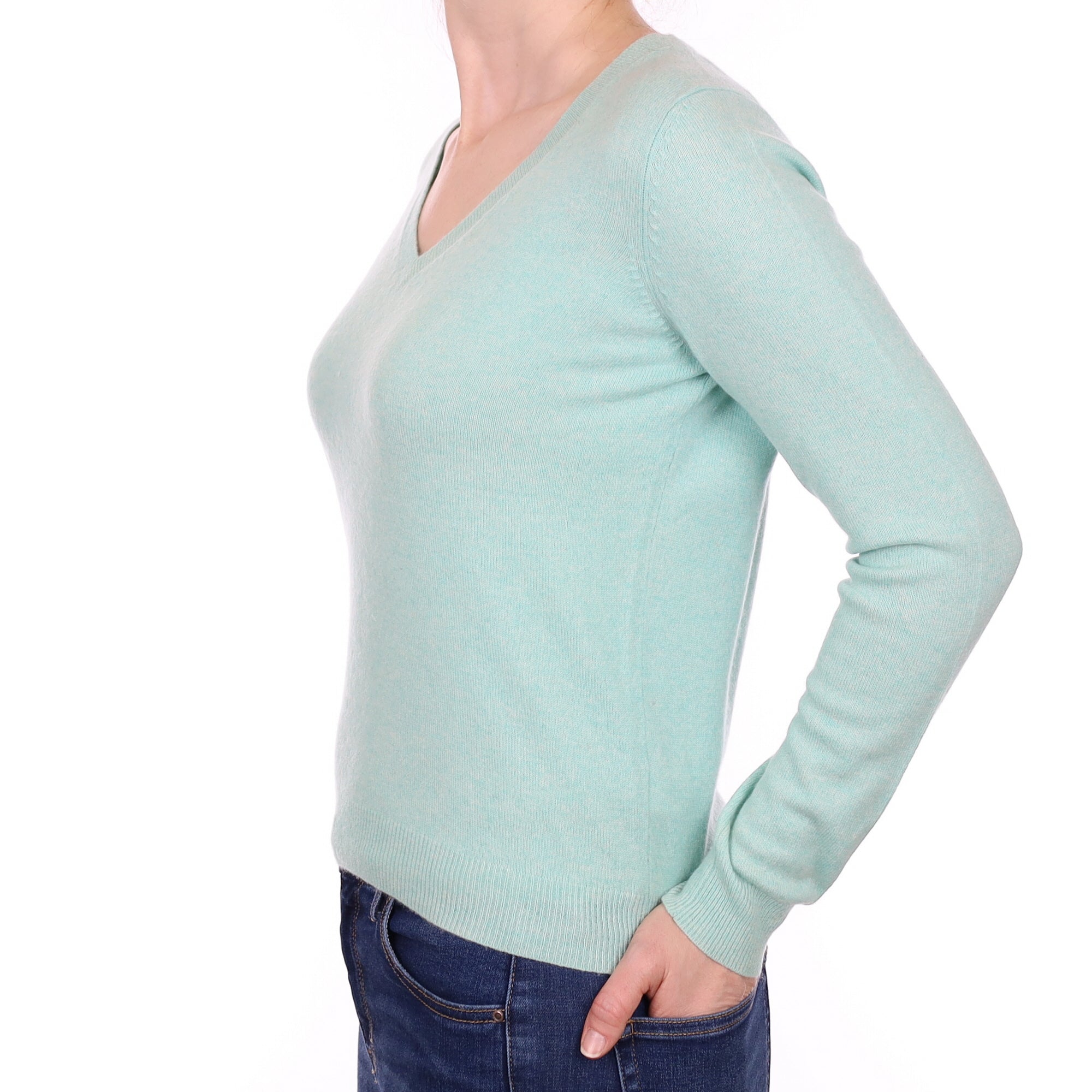Mint Green Cashmere V Neck Jumper Small