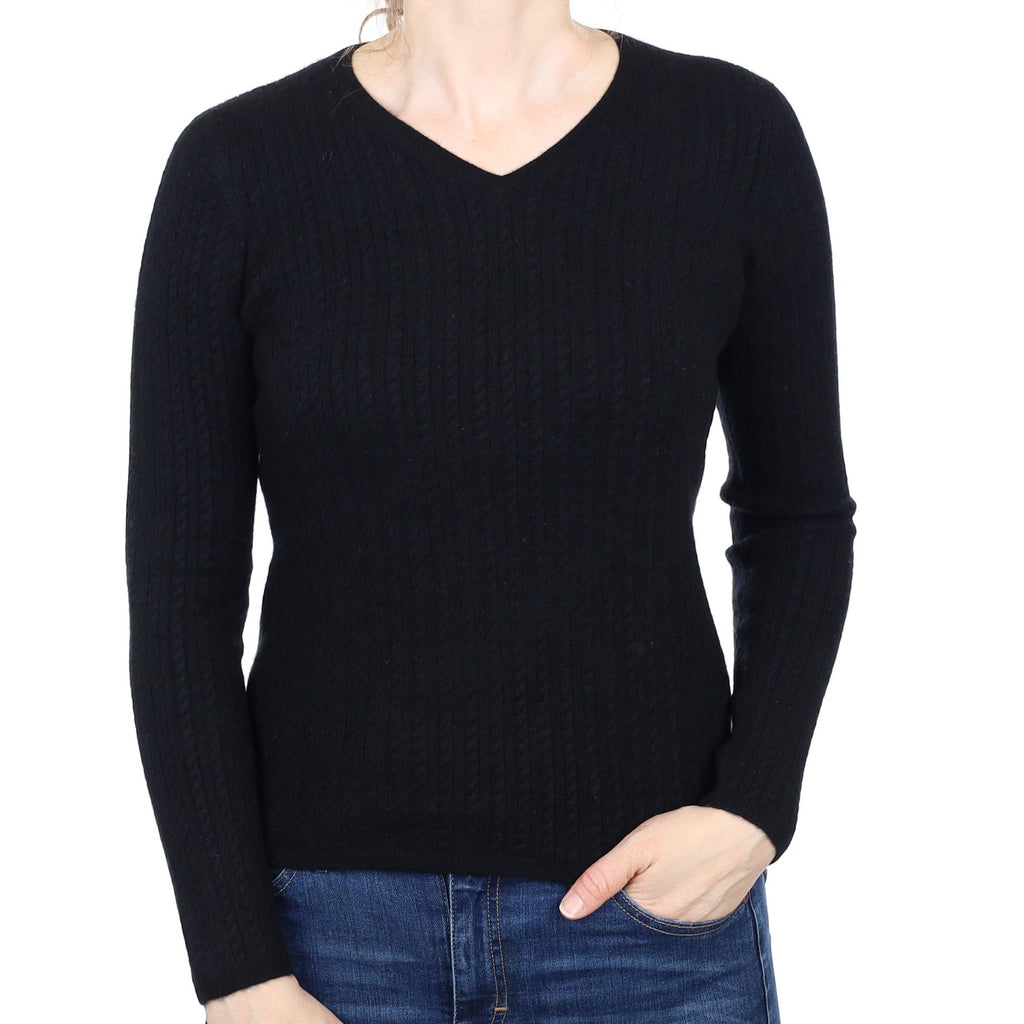 Black Cable Knit Cashmere V Neck Jumper Small