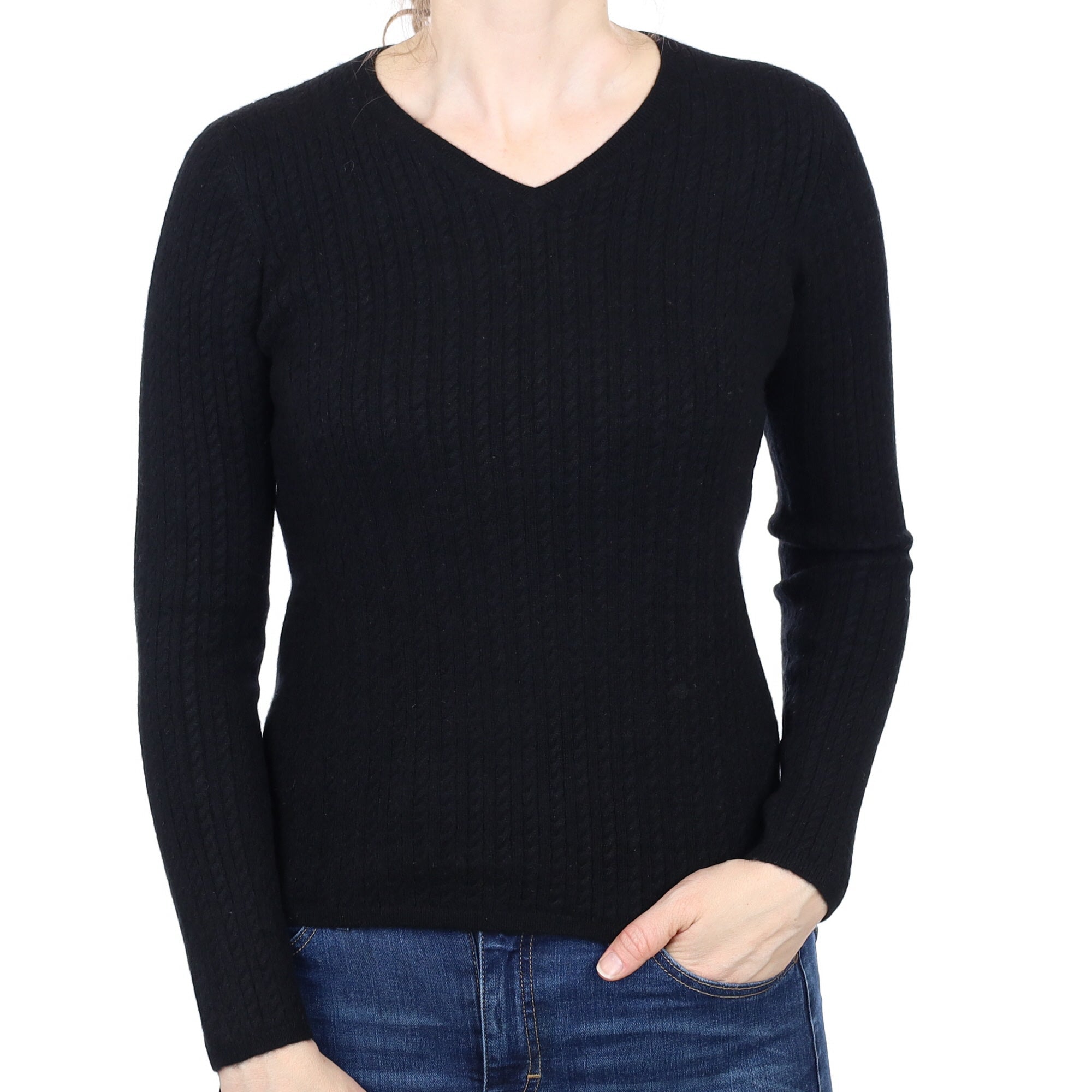 Black Cable Knit Cashmere V Neck Jumper Small