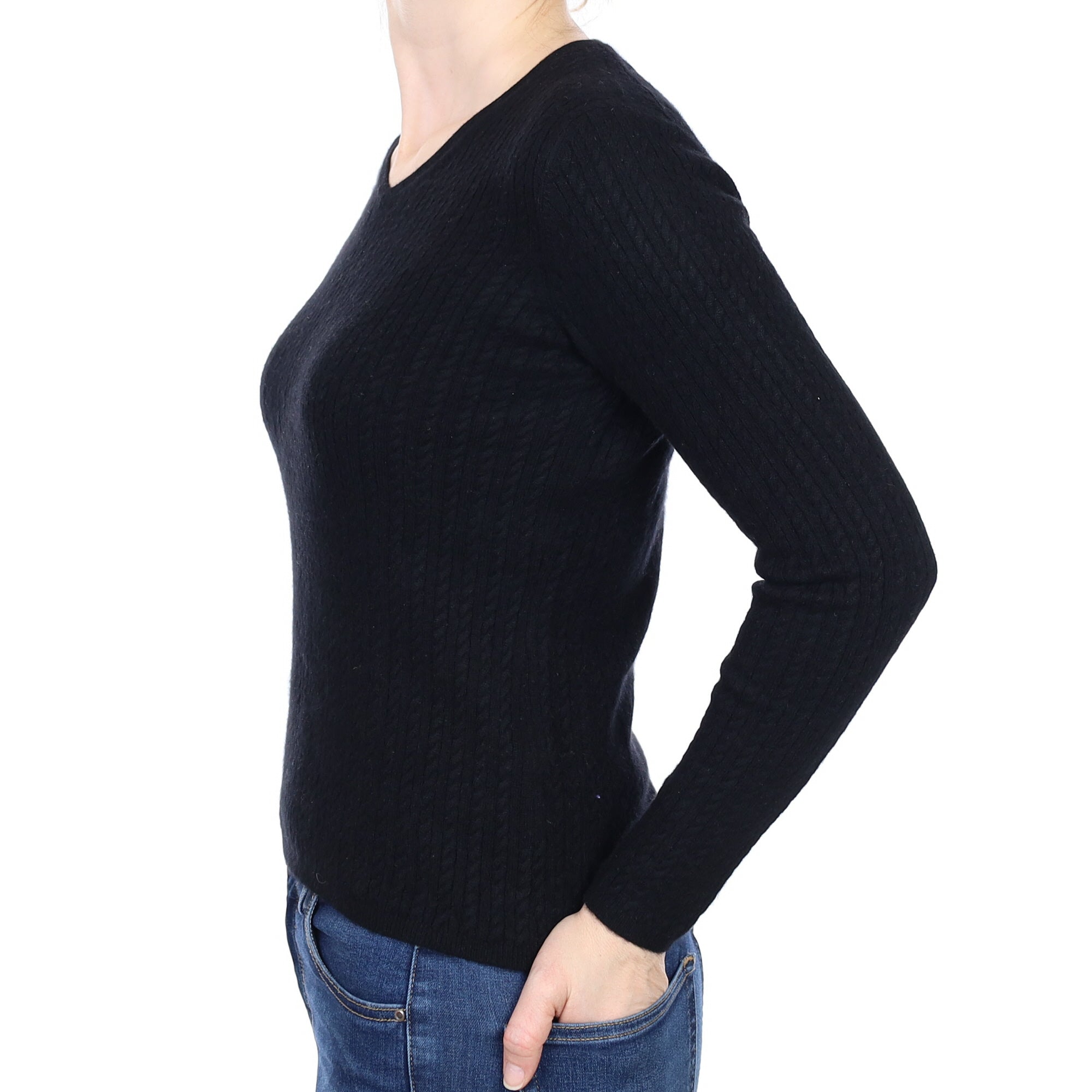 Black Cable Knit Cashmere V Neck Jumper Small