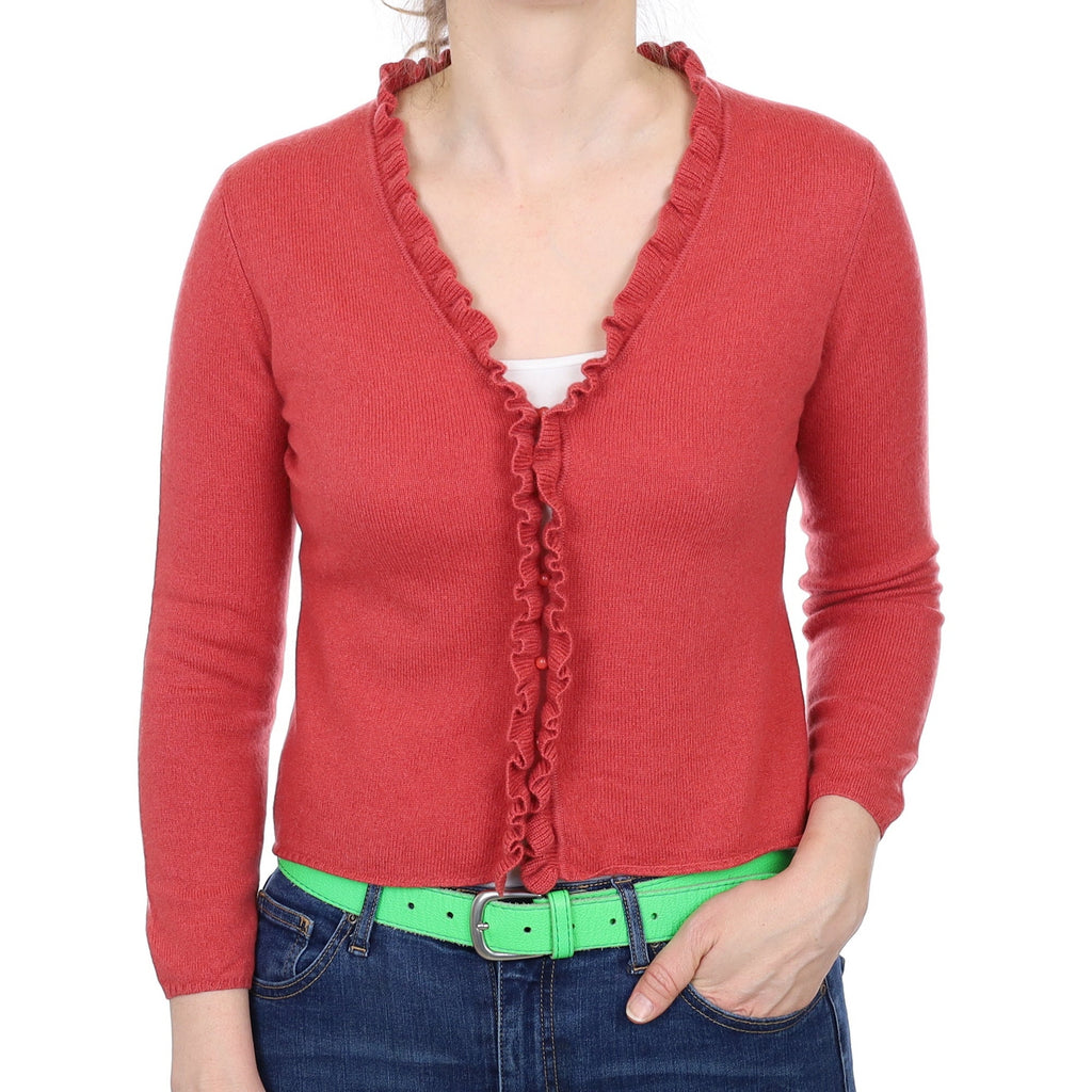 Sunset Red Cashmere 3/4 Sleeve V Neck Ruffle Edge Cardigan Small