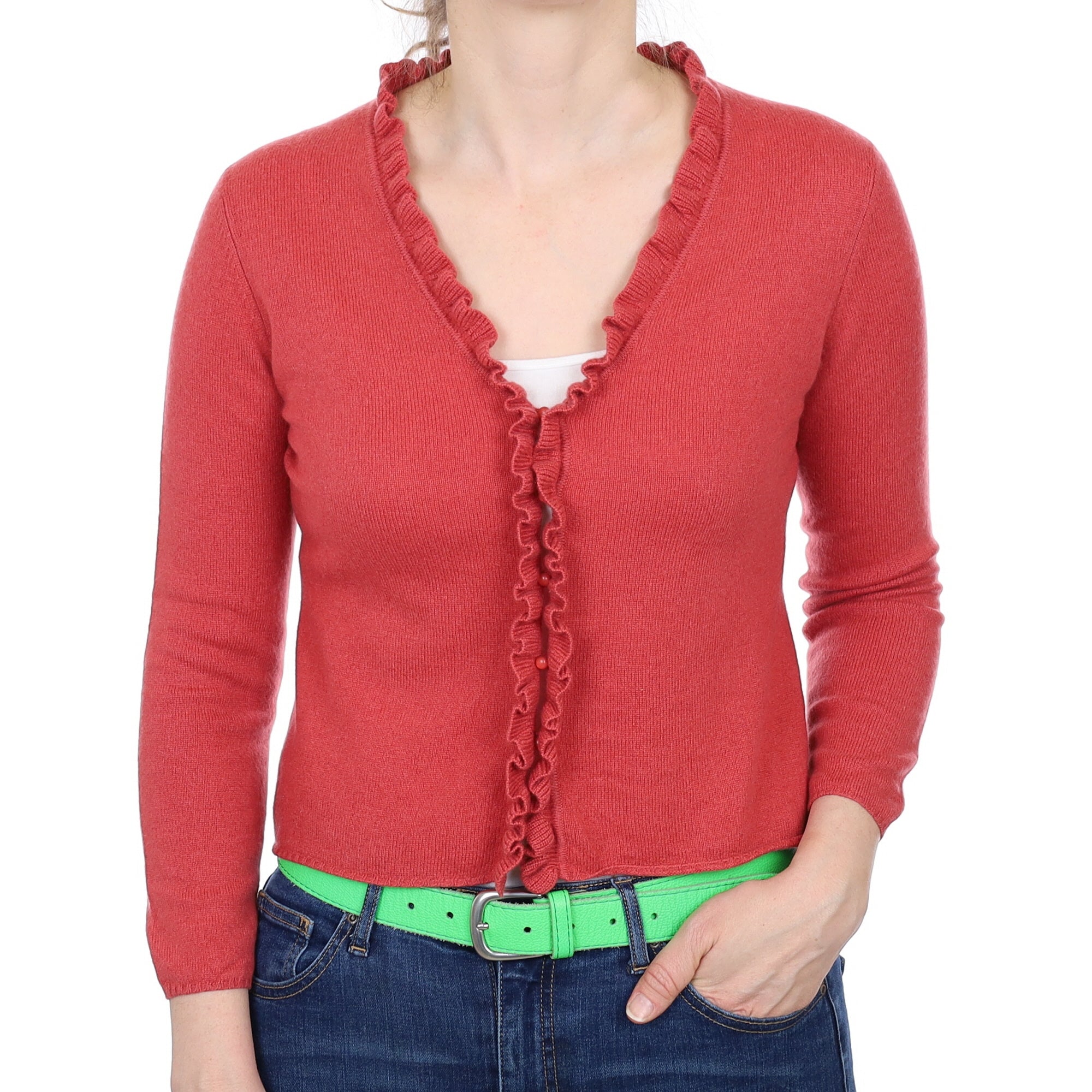 Sunset Red Cashmere 3/4 Sleeve V Neck Ruffle Edge Cardigan Small