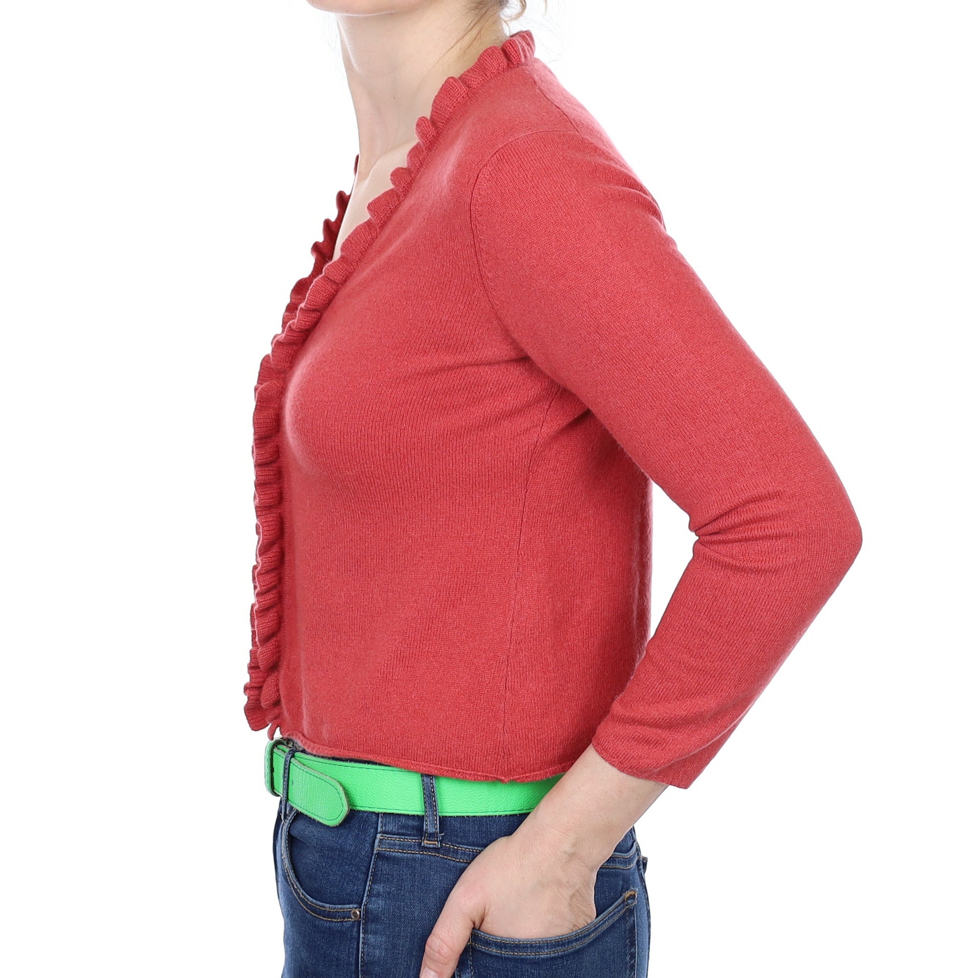 Sunset Red Cashmere 3/4 Sleeve V Neck Ruffle Edge Cardigan Small