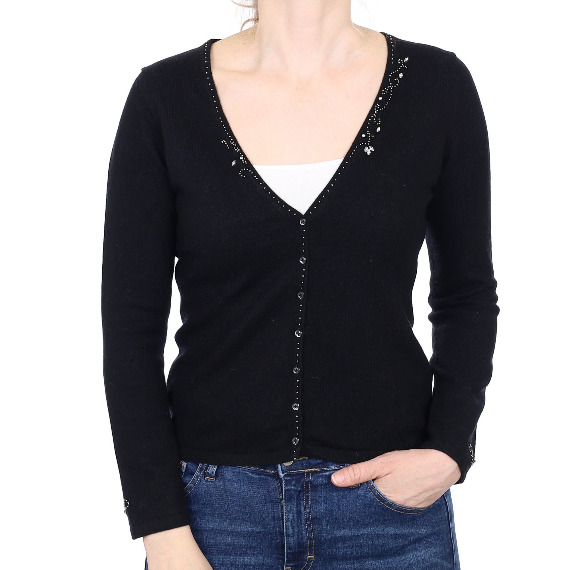 Black Embellished Cashmere V Neck  Cardigan Small