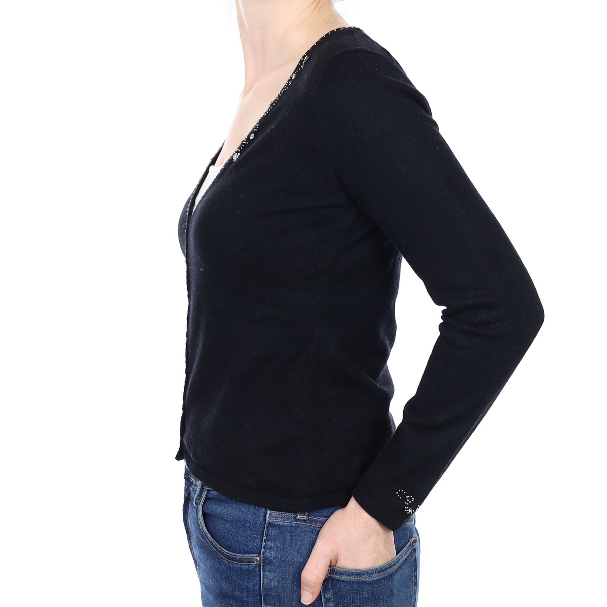 Black Embellished Cashmere V Neck  Cardigan Small