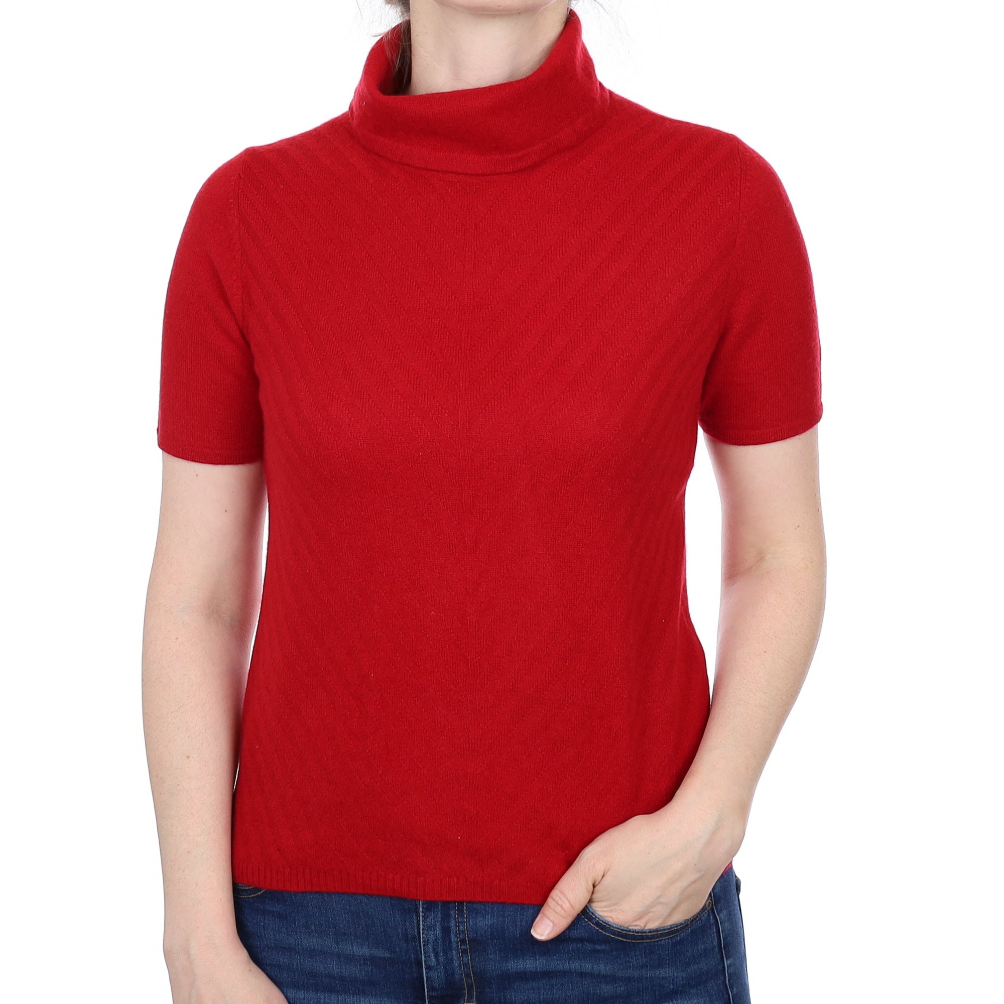 Post Box Red Cashmere Short Sleeved  Polo Neck Jumper Small