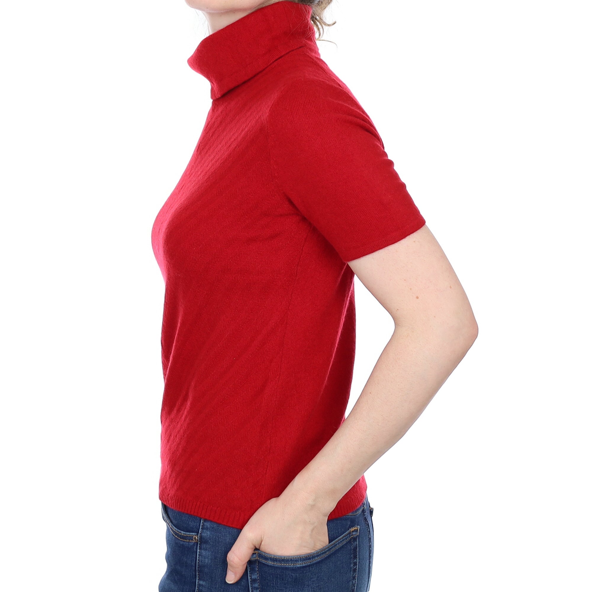 Post Box Red Cashmere Short Sleeved  Polo Neck Jumper Small