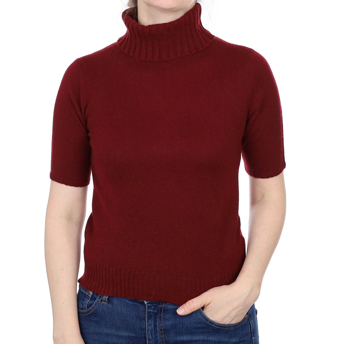 Wine Red Cashmere Short Sleeved Polo Neck Jumper Small