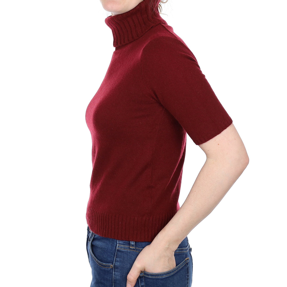 Wine Red Cashmere Short Sleeved Polo Neck Jumper Small