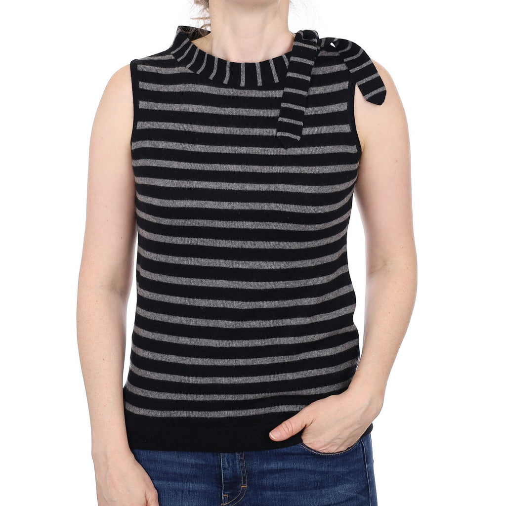Black and Grey Striped Cashmere Tie Neck Tank Top Small