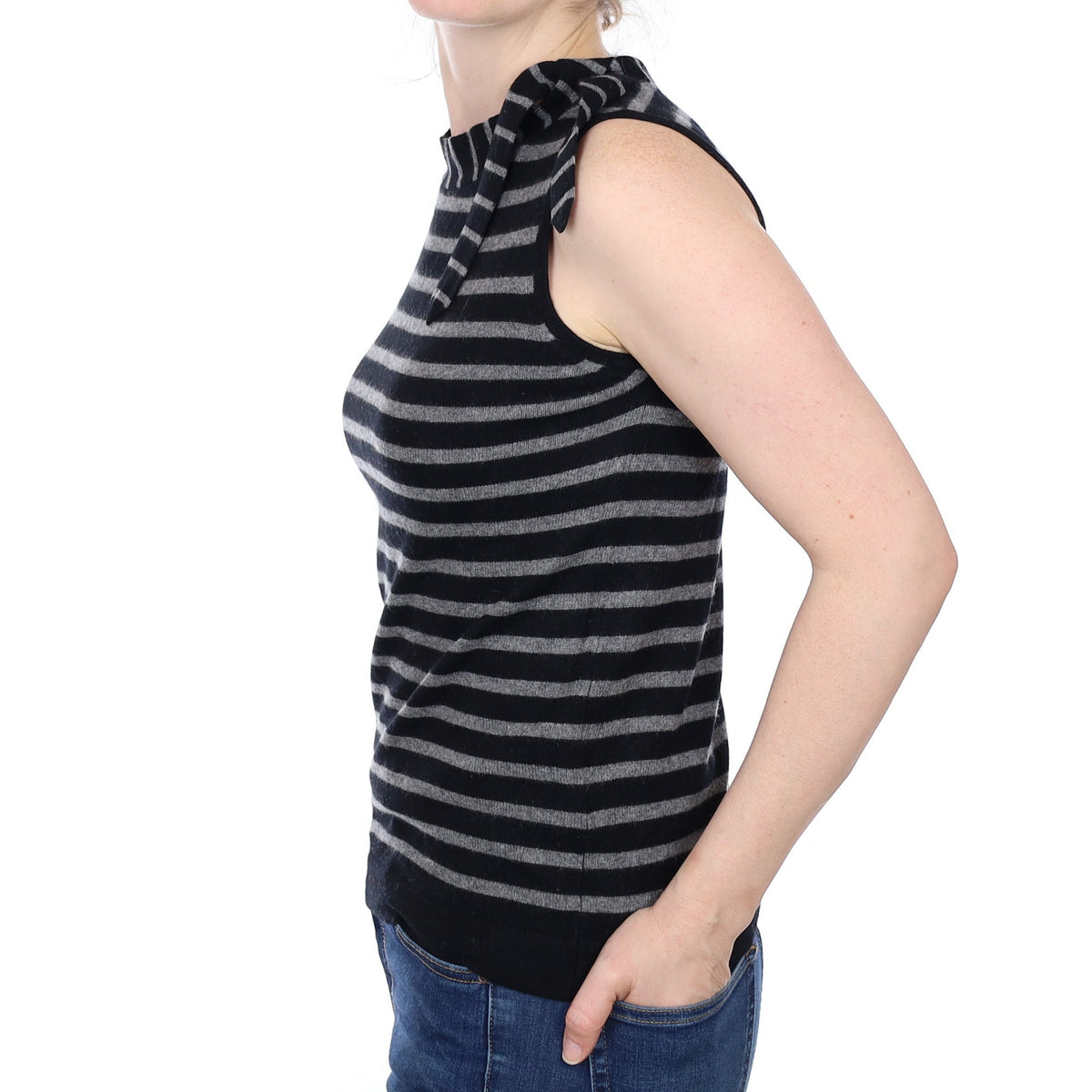 Black and Grey Striped Cashmere Tie Neck Tank Top Small