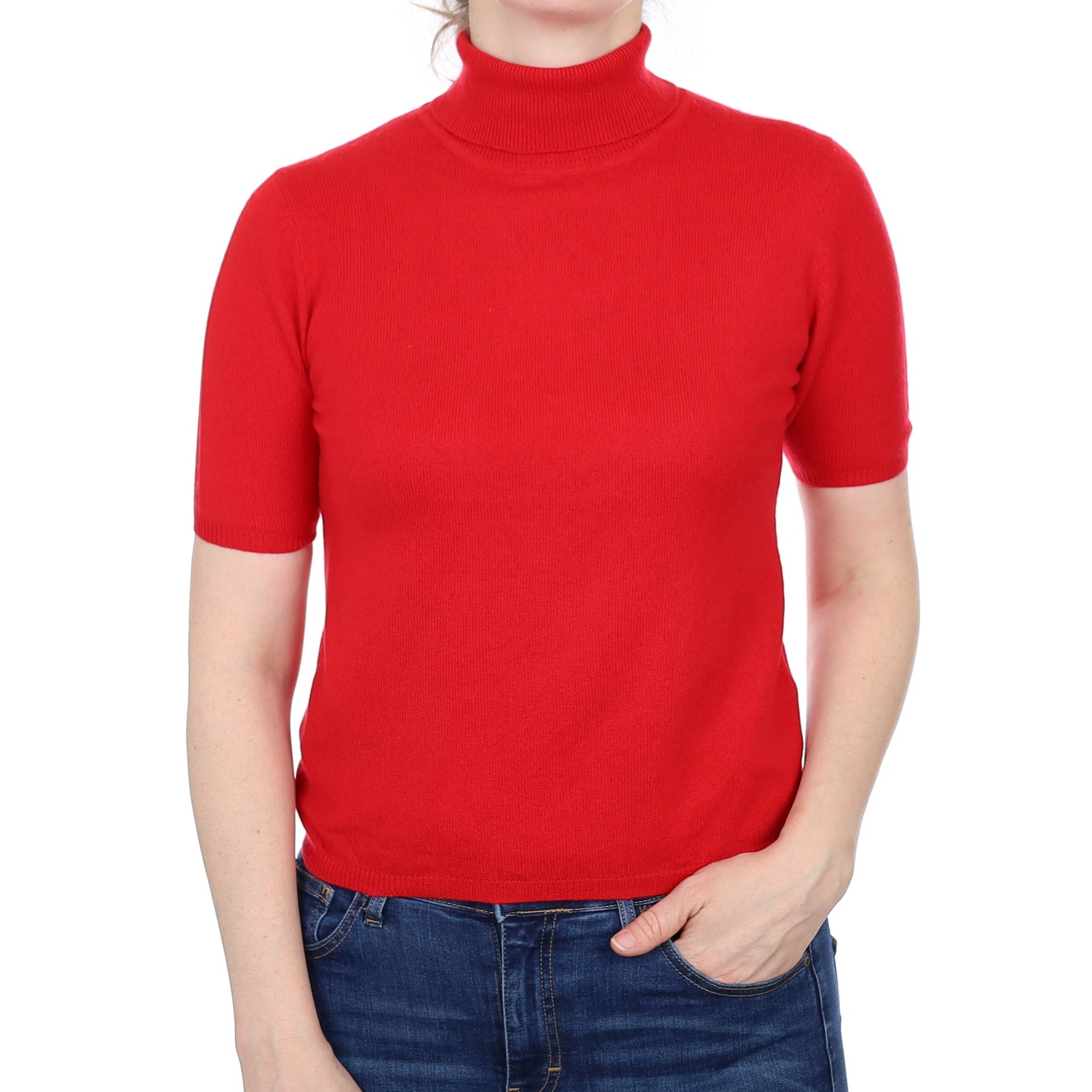 Berry Red Cashmere Short Sleeved Polo Neck Jumper Small