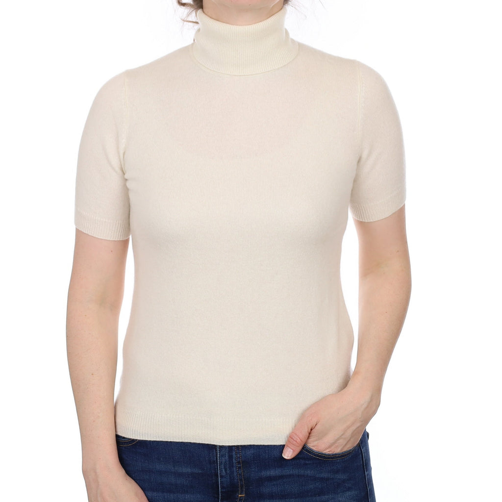 Vanilla Cream Cashmere Short Sleeved Polo Neck Jumper Small