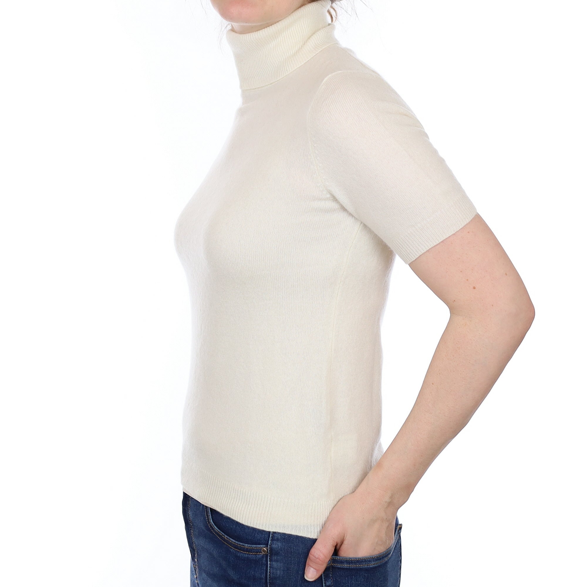 Vanilla Cream Cashmere Short Sleeved Polo Neck Jumper Small