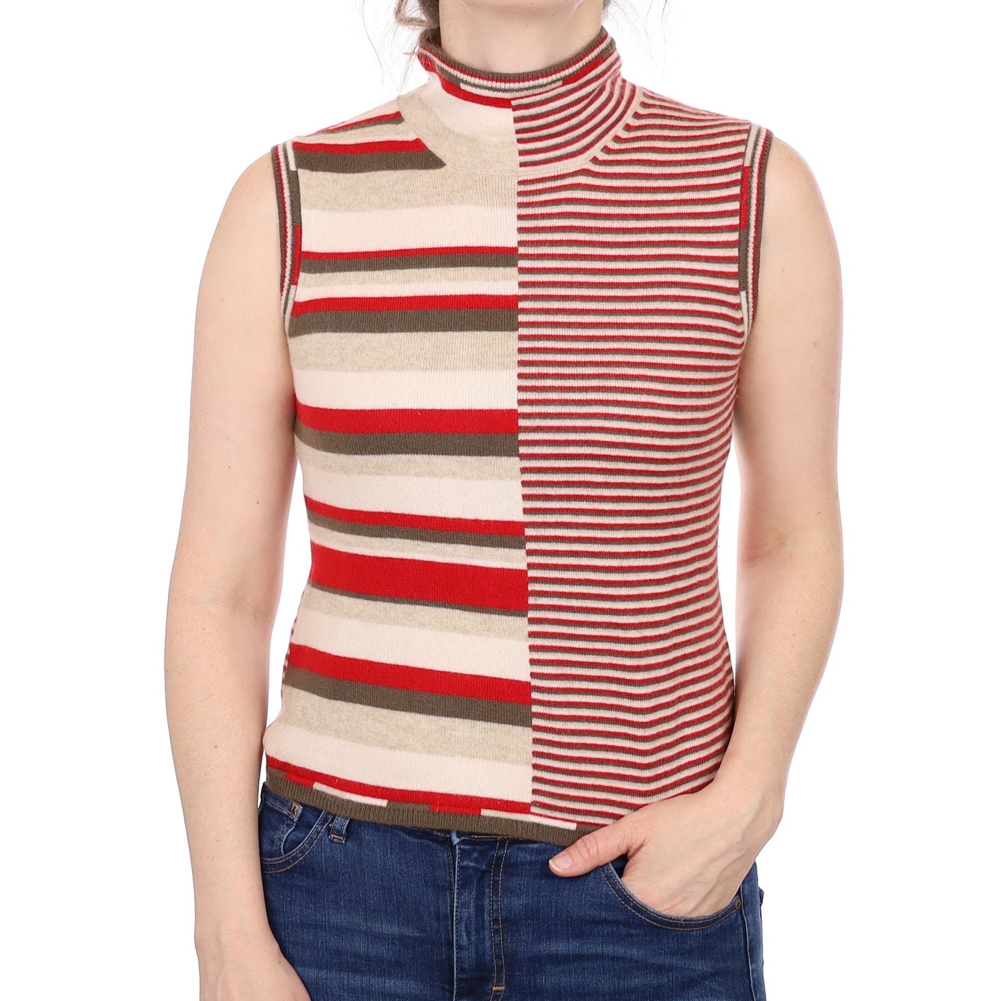 Red Stripe Pattern Cashmere Turtle Neck Tank Top Small