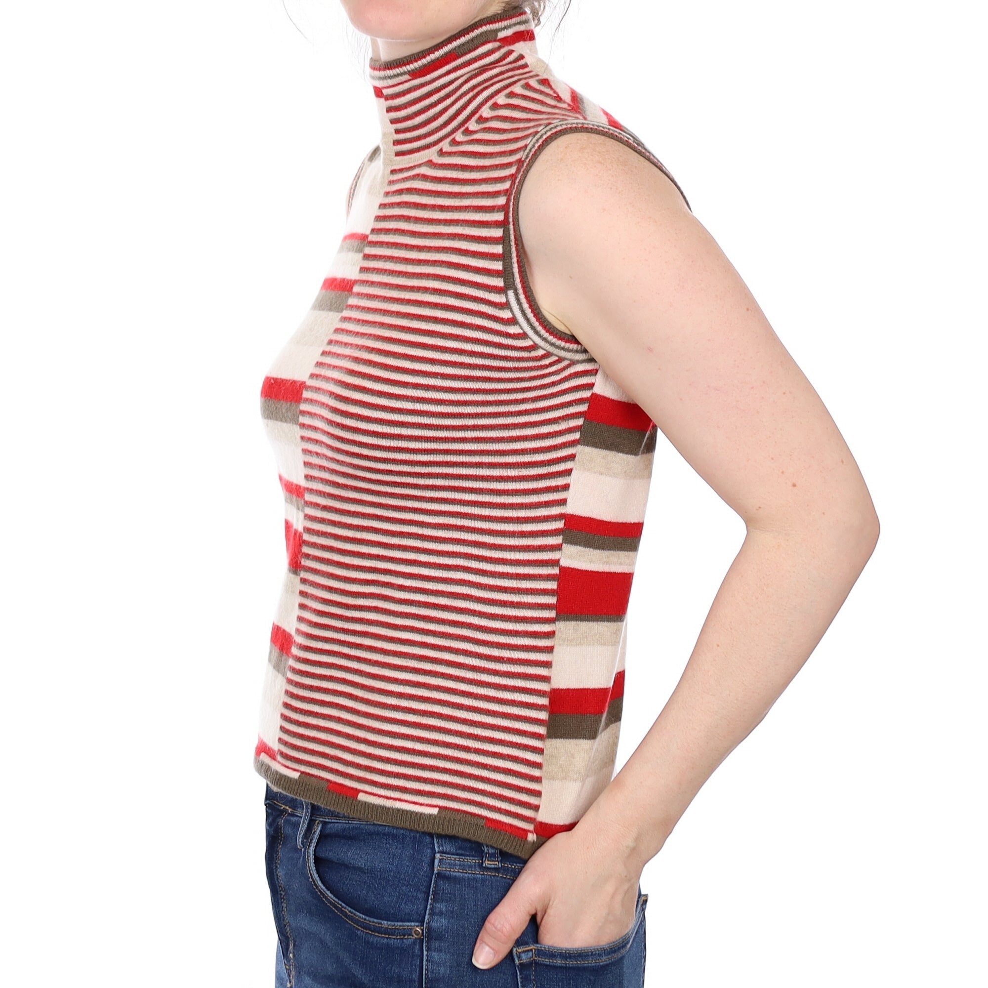 Red Stripe Pattern Cashmere Turtle Neck Tank Top Small
