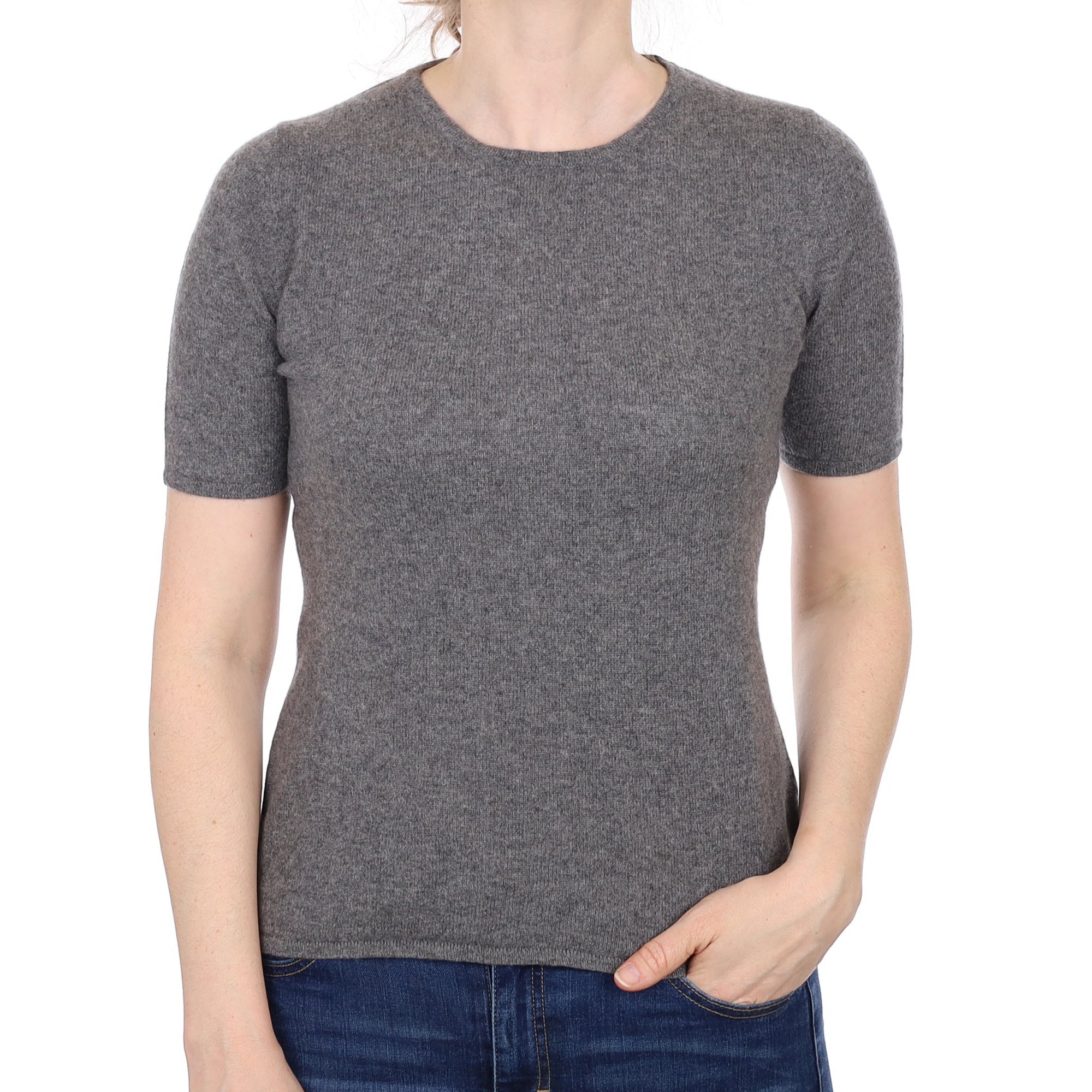Slate Grey Cashmere Short Sleeved Crew Neck Jumper Small