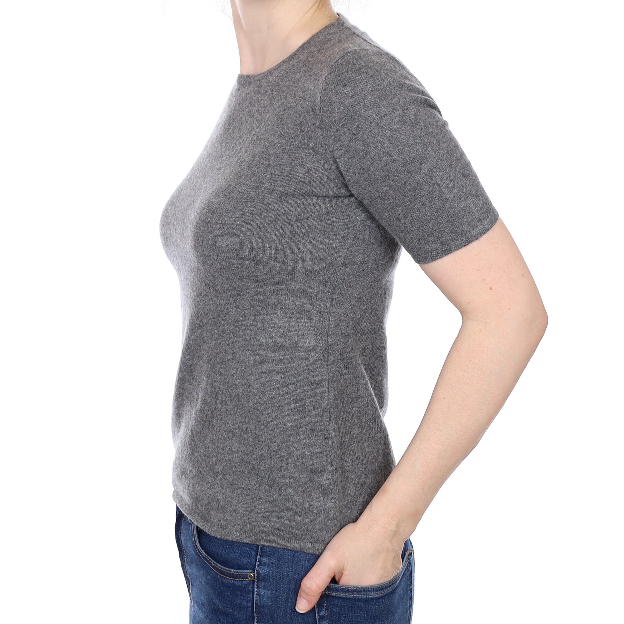 Slate Grey Cashmere Short Sleeved Crew Neck Jumper Small