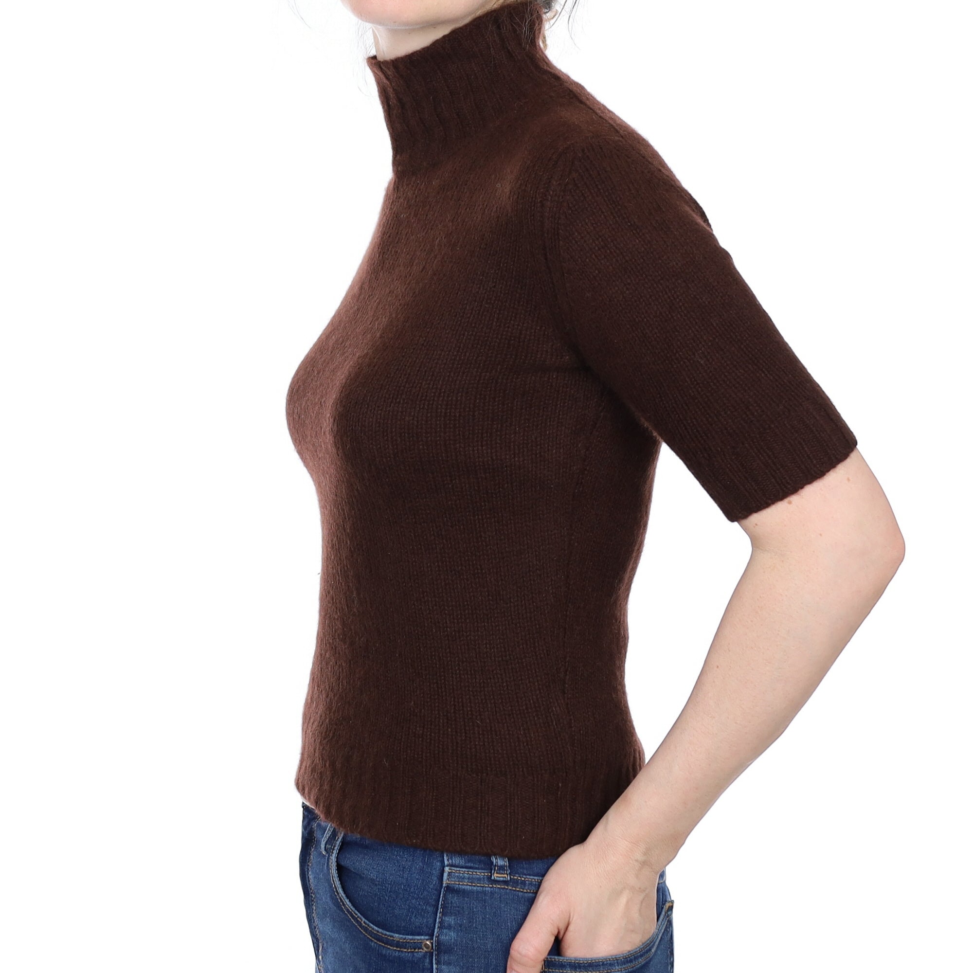 Chocolate Brown Cashmere Short Sleeved Turtle Neck Jumper Small