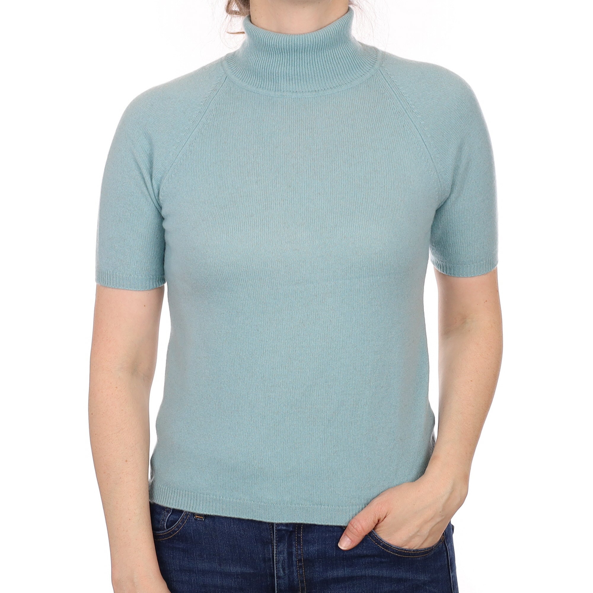 Duck Egg Blue Cashmere Short Sleeved Polo Neck Jumper Small