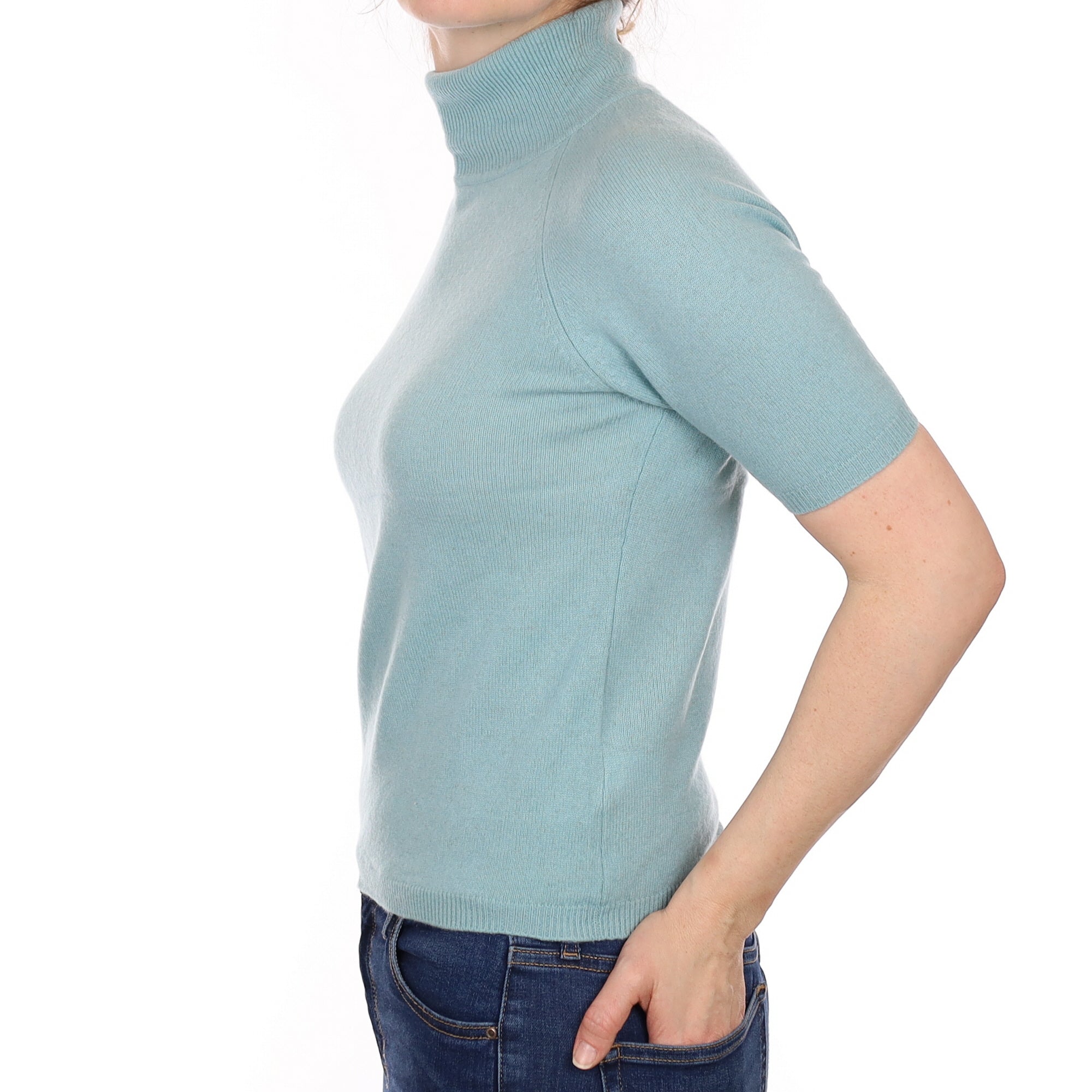 Duck Egg Blue Cashmere Short Sleeved Polo Neck Jumper Small