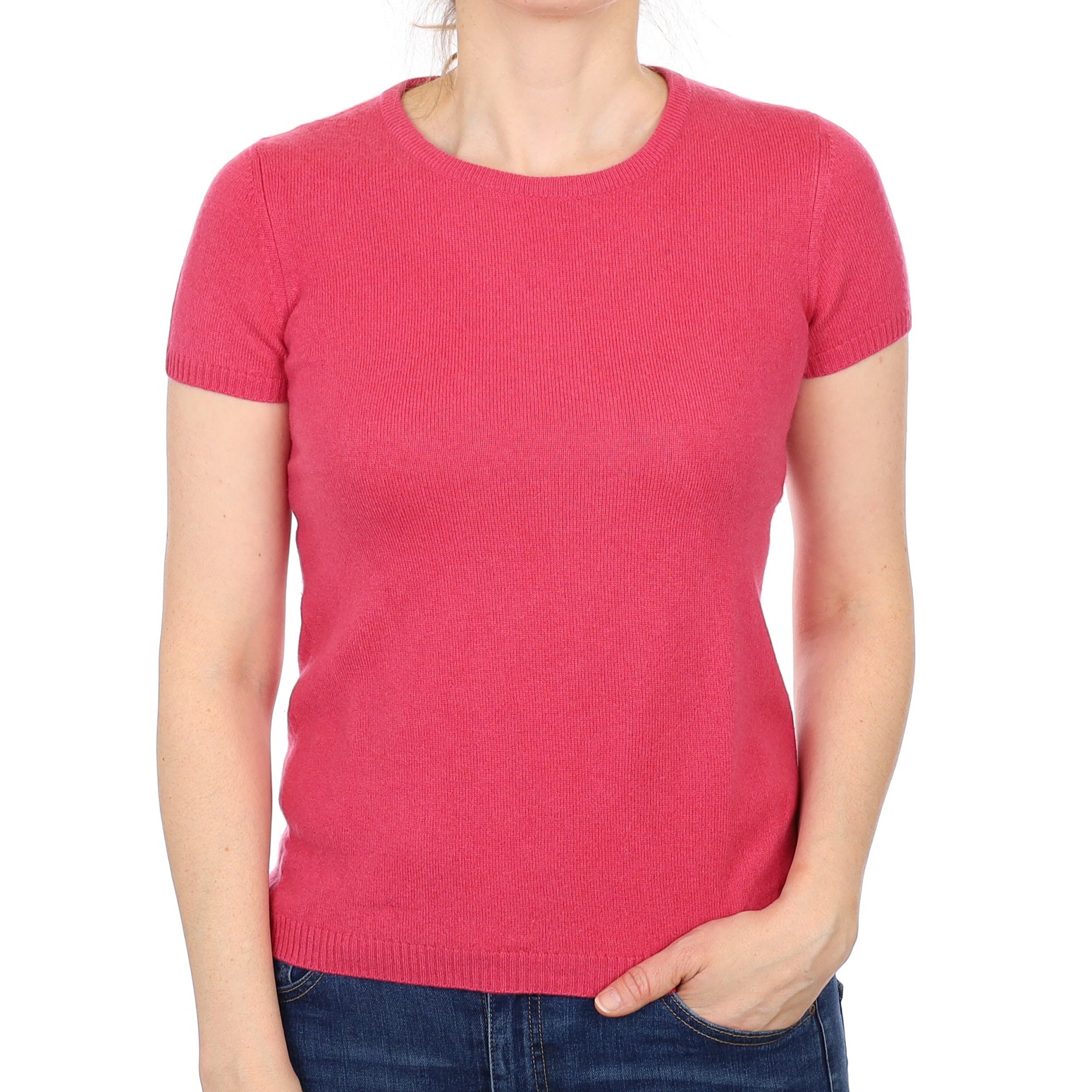 Rose Pink Cashmere Short Sleeved Crew Neck Jumper Small