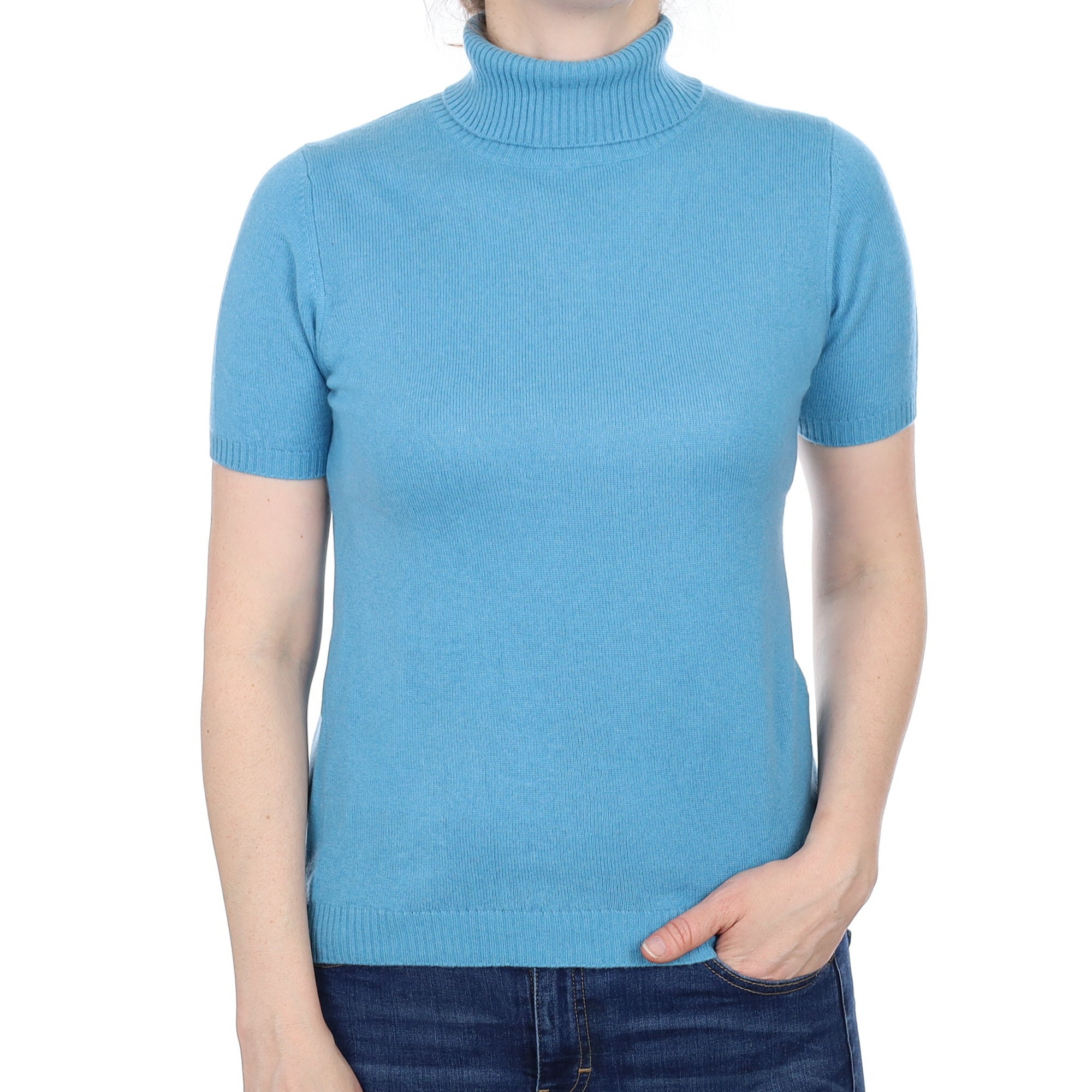 Aqua Marine Blue Cashmere Short Sleeved Polo Neck Jumper Small