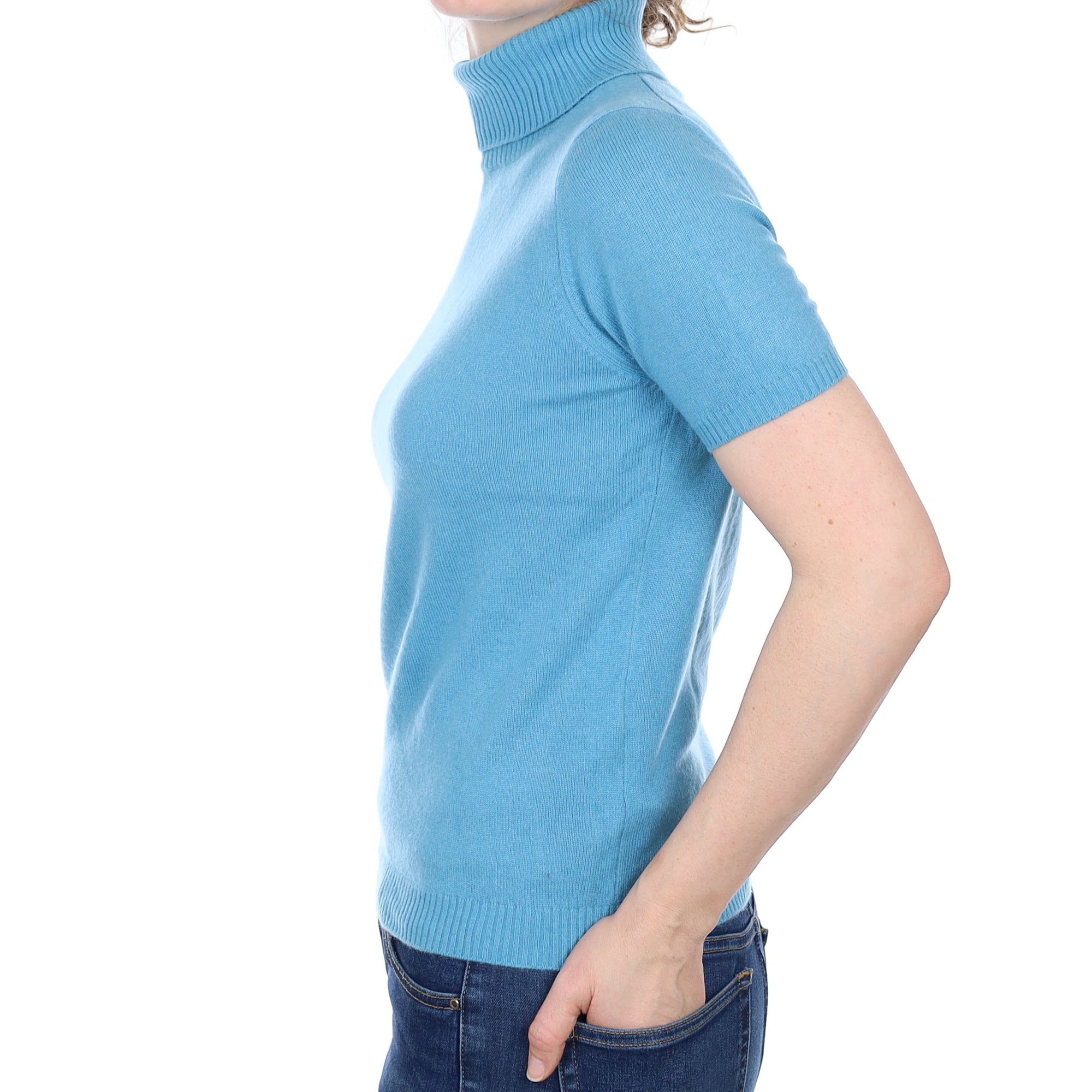 Aqua Marine Blue Cashmere Short Sleeved Polo Neck Jumper Small