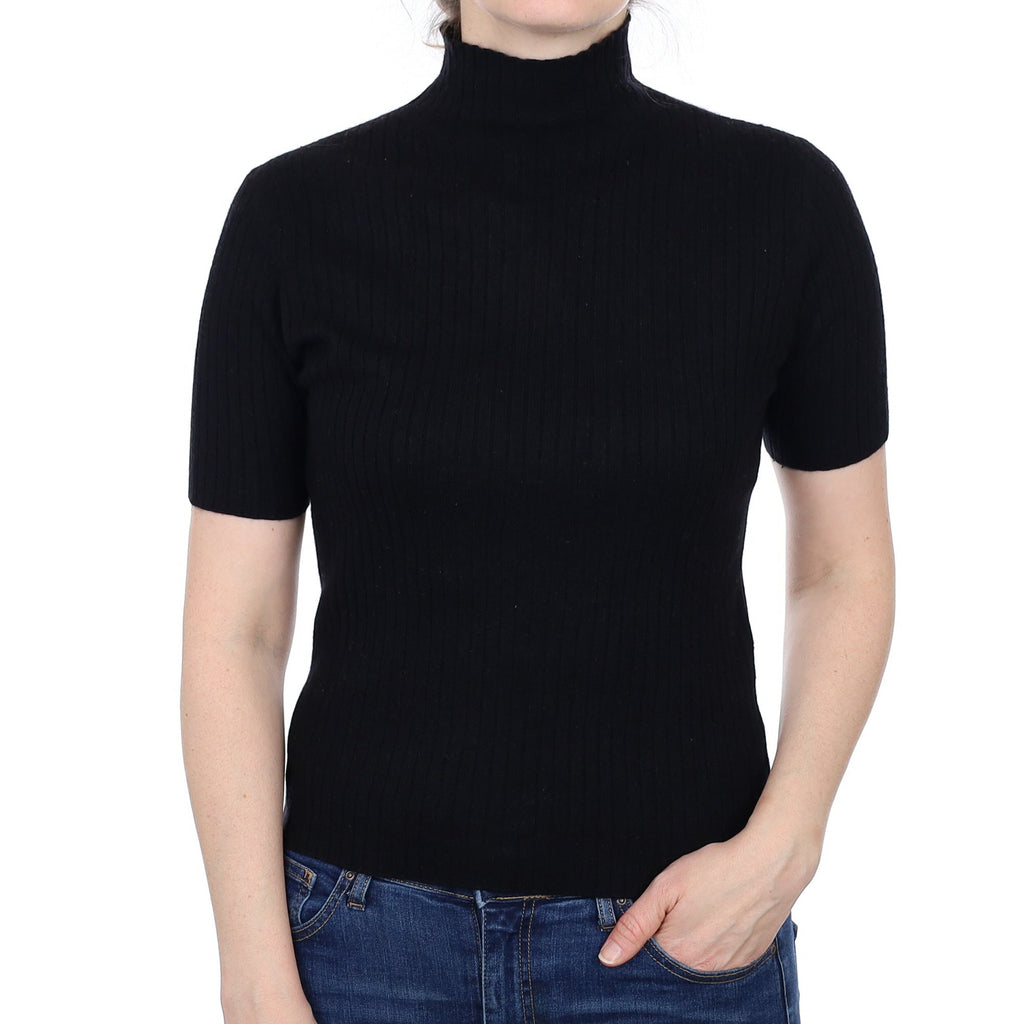 Black Ribbed Cashmere Short Sleeved Turtle Neck Jumper Small