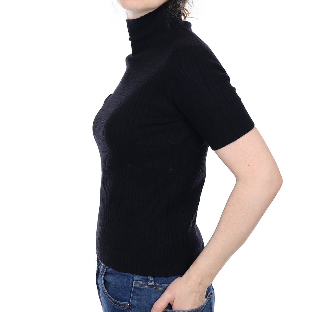 Black Ribbed Cashmere Short Sleeved Turtle Neck Jumper Small