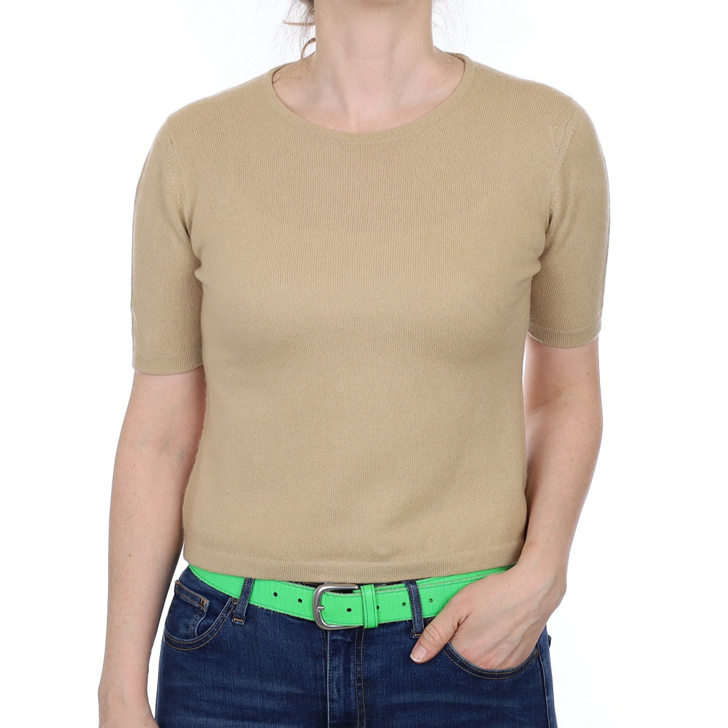 Sand Beige Cashmere Short Sleeved Crew Neck Jumper Small