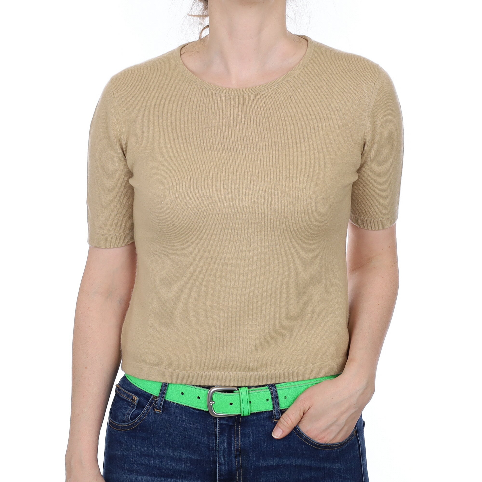 Sand Beige Cashmere Short Sleeved Crew Neck Jumper Small