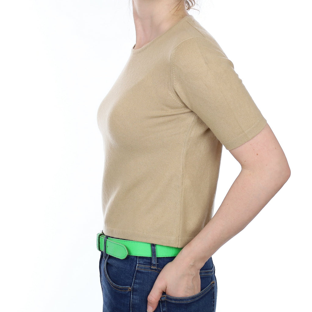Sand Beige Cashmere Short Sleeved Crew Neck Jumper Small