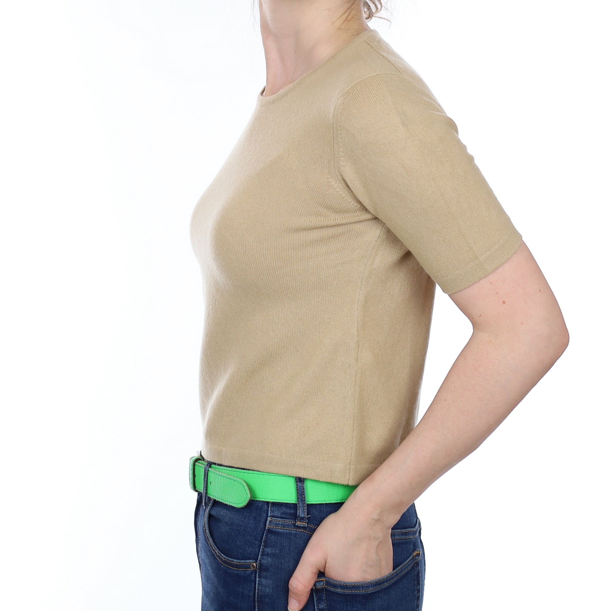 Sand Beige Cashmere Short Sleeved Crew Neck Jumper Small