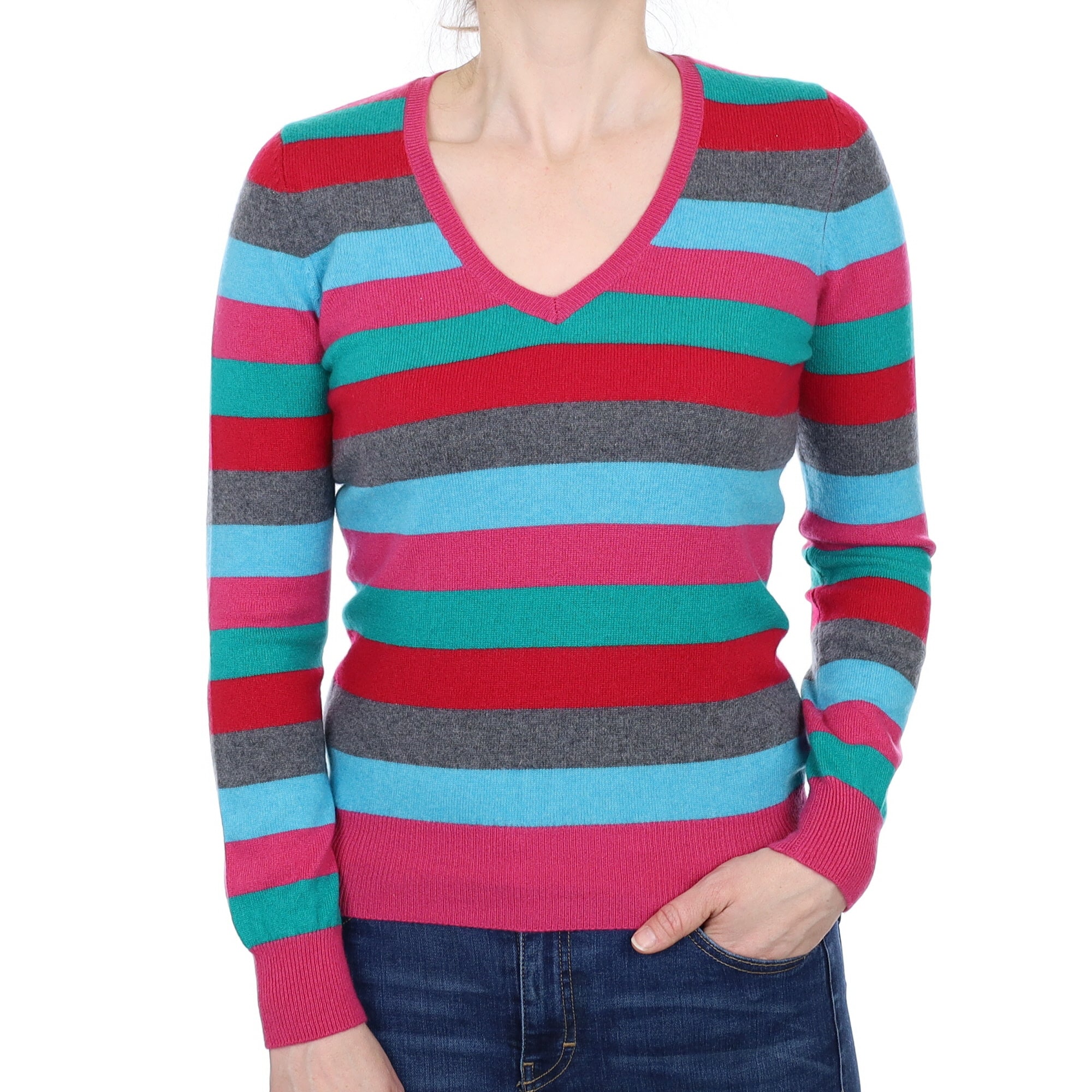 Hot Pink Striped Cashmere V Neck Jumper Small