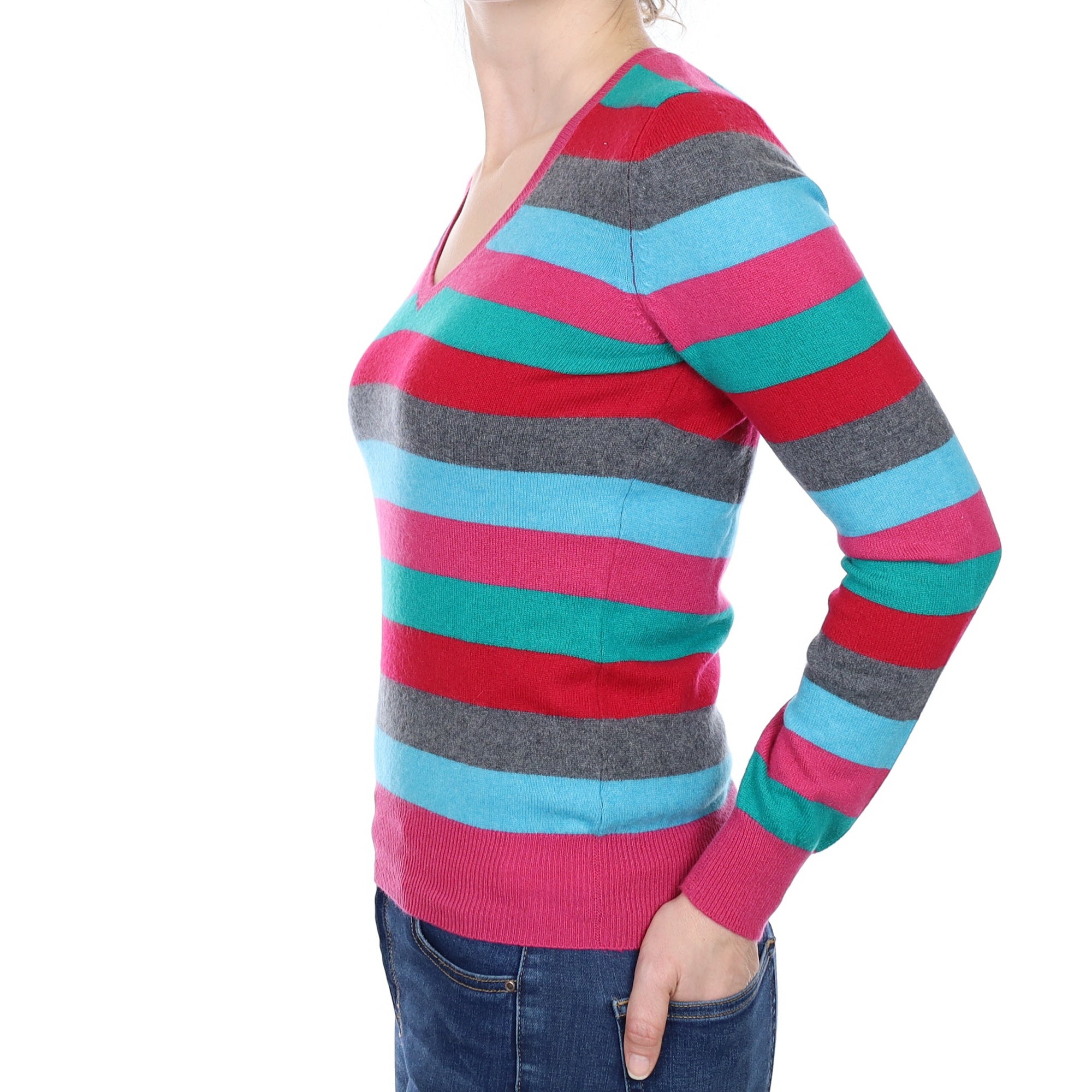 Hot Pink Striped Cashmere V Neck Jumper Small