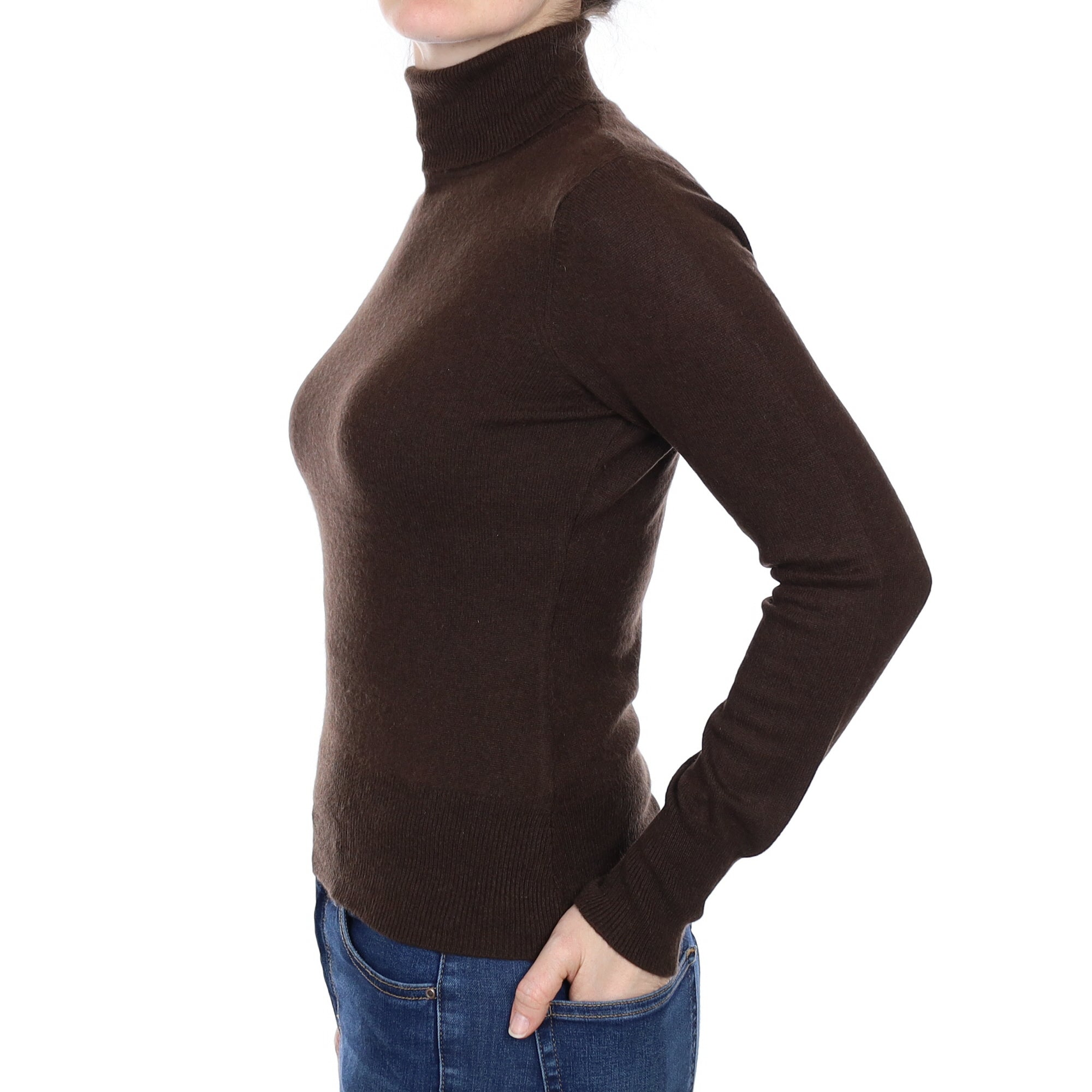 Chocolate Brown Cashmere Polo Neck Jumper Small