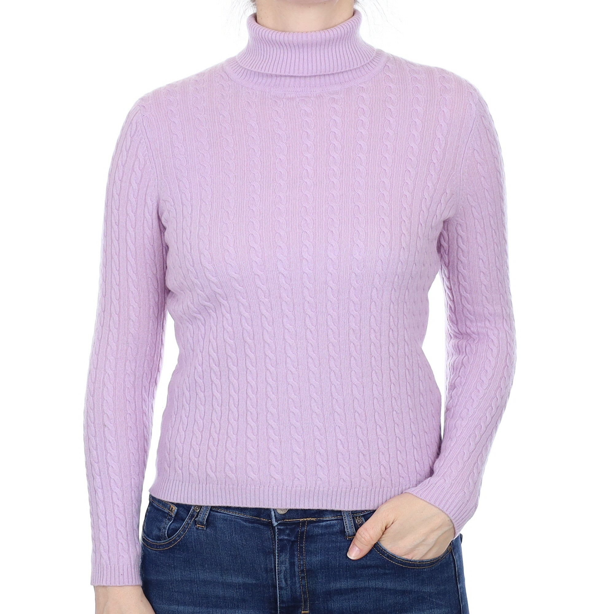 Lavender Purple Cable Cashmere Polo Neck Jumper Small