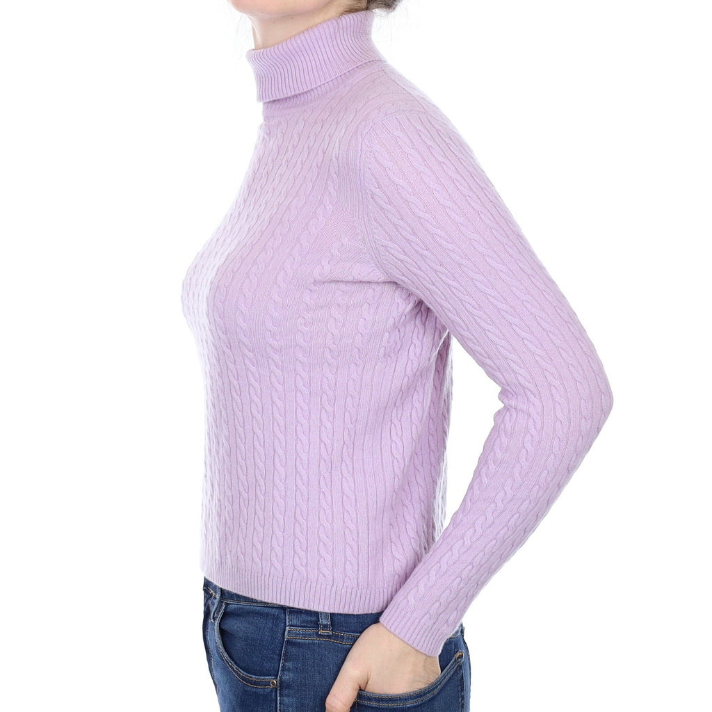Lavender Purple Cable Cashmere Polo Neck Jumper Small