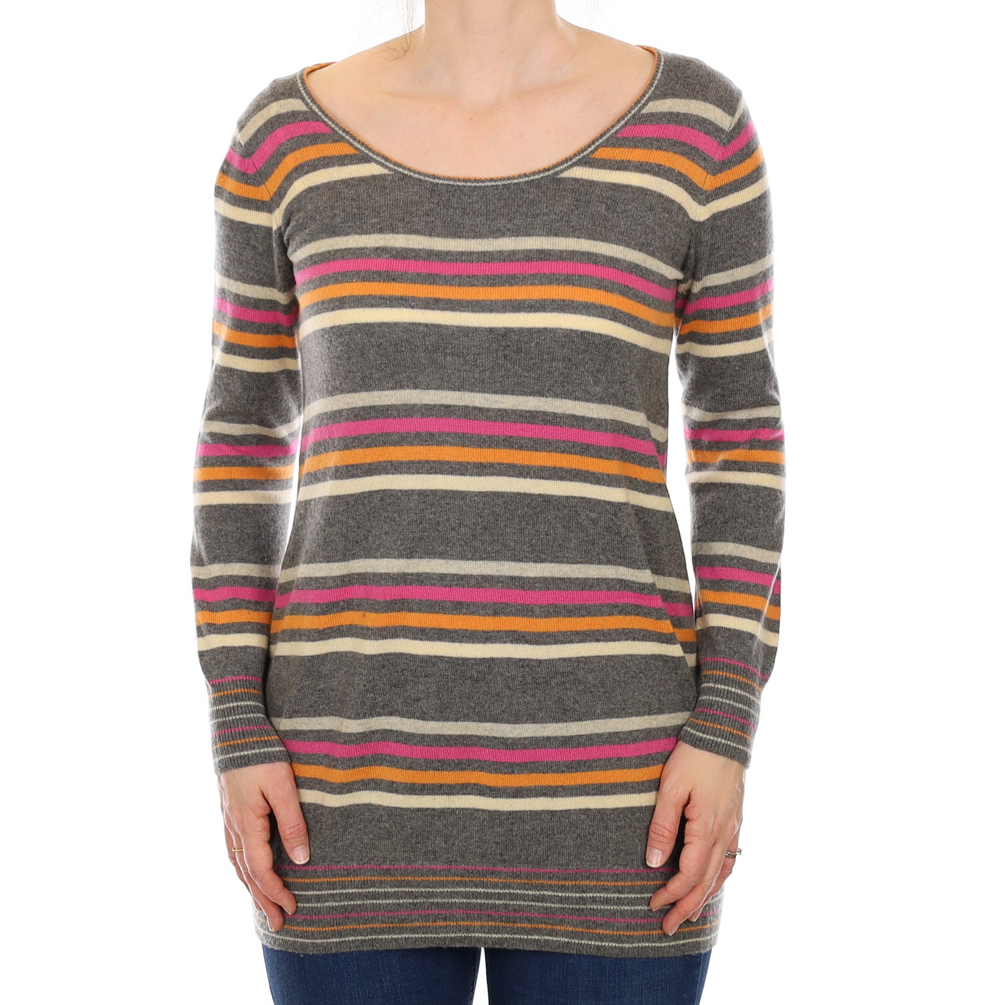 Grey Striped Cashmere Scoop Neck Tunic Small