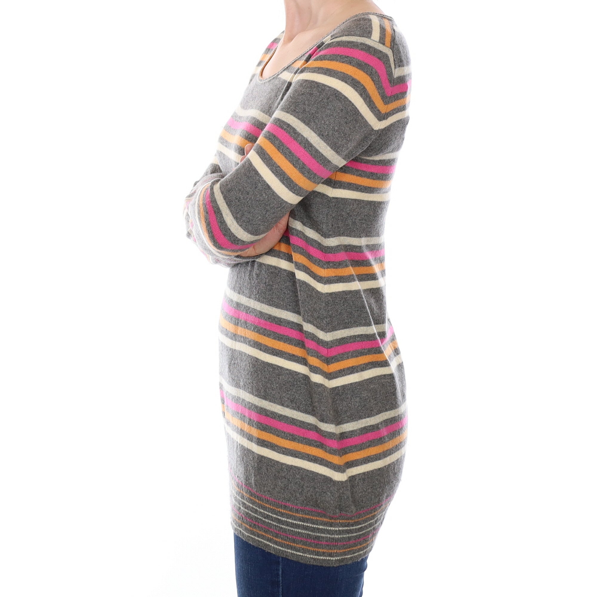 Grey Striped Cashmere Scoop Neck Tunic Small
