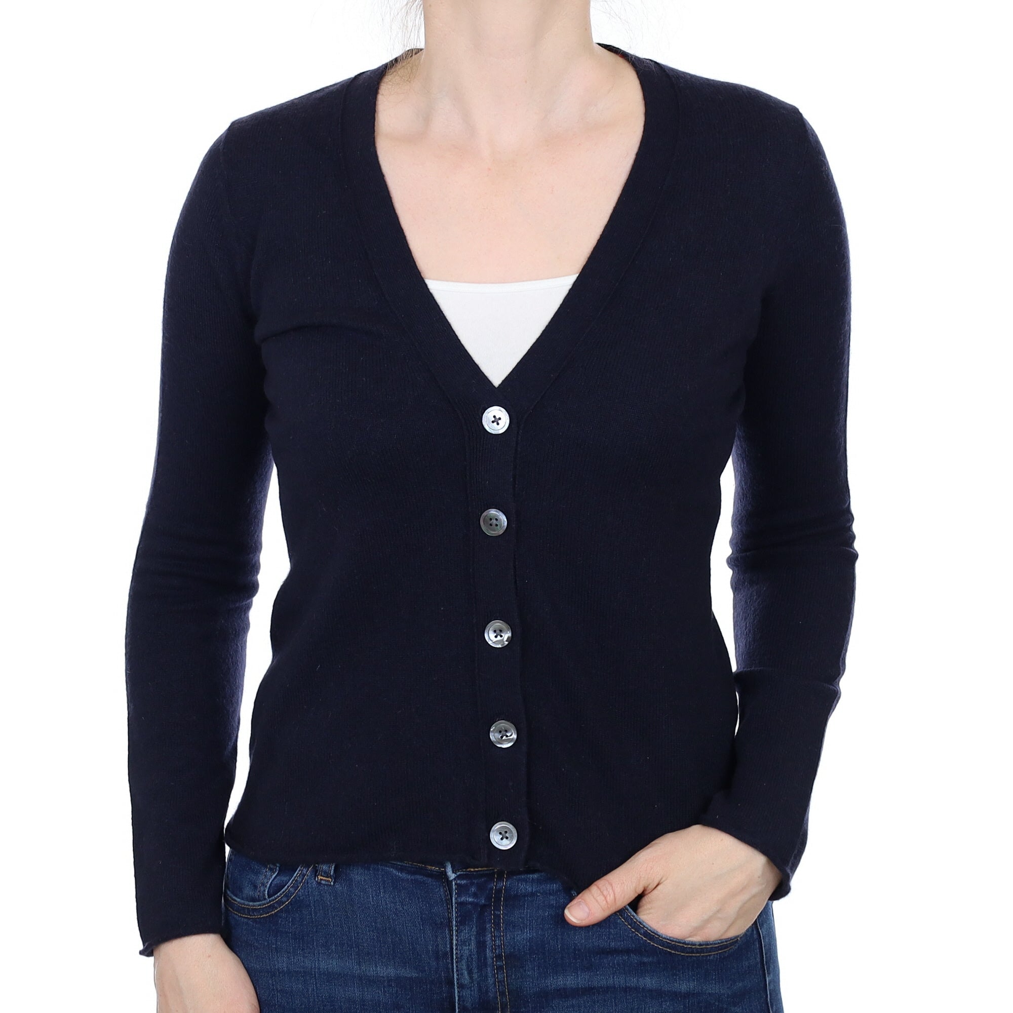 Navy Cashmere V Neck Cardigan with Rolled Edges Small