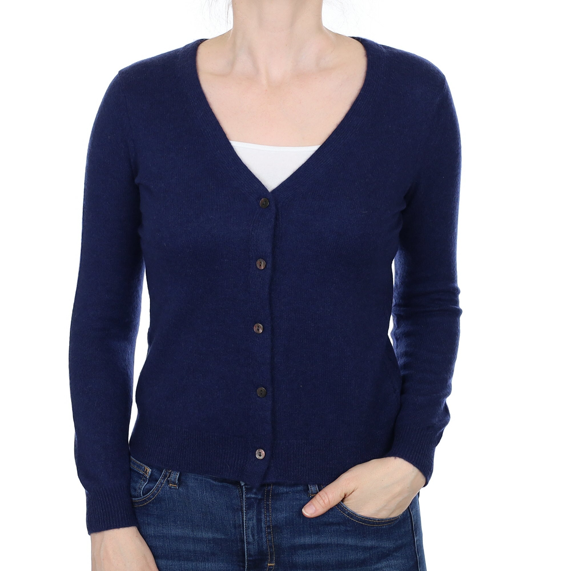 French Navy Cashmere V Neck Cardigan Small