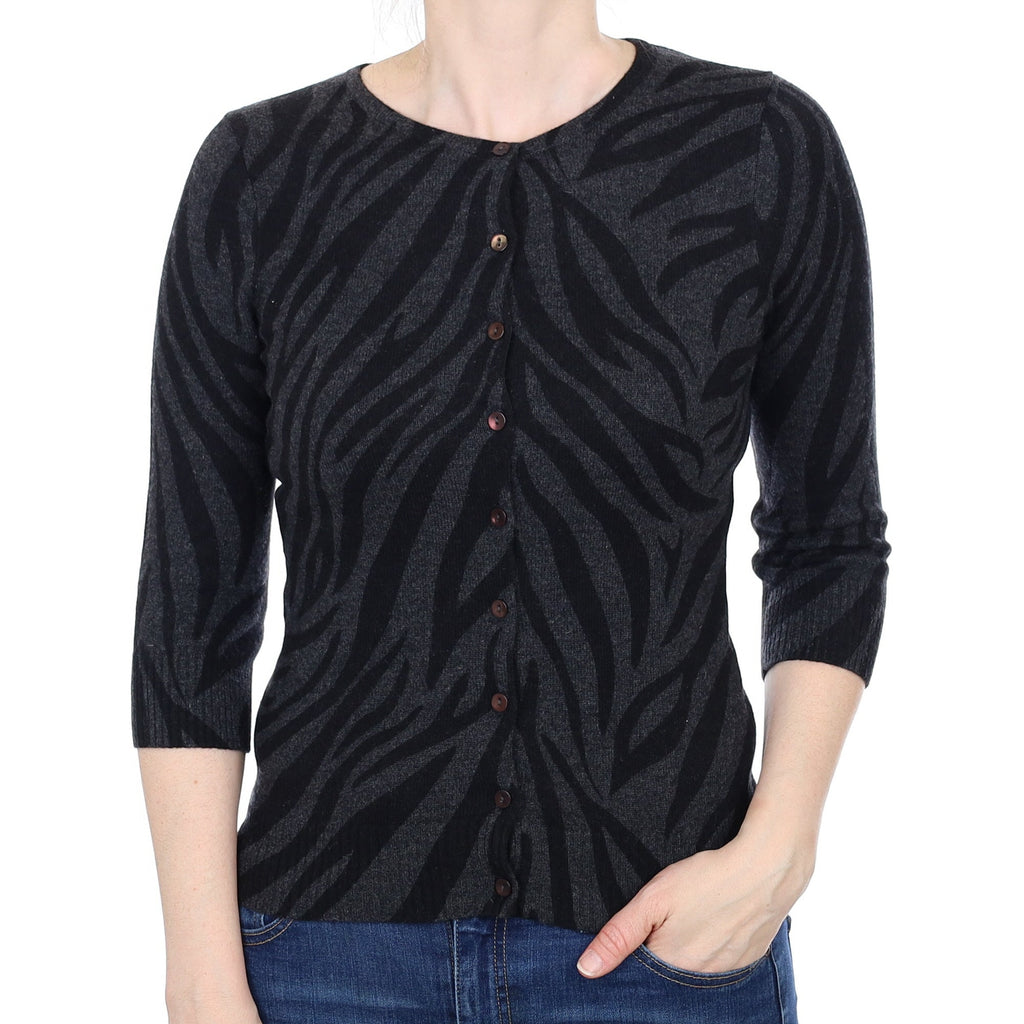 Black and Grey Animal Print Cashmere Crew Neck  Cardigan Small