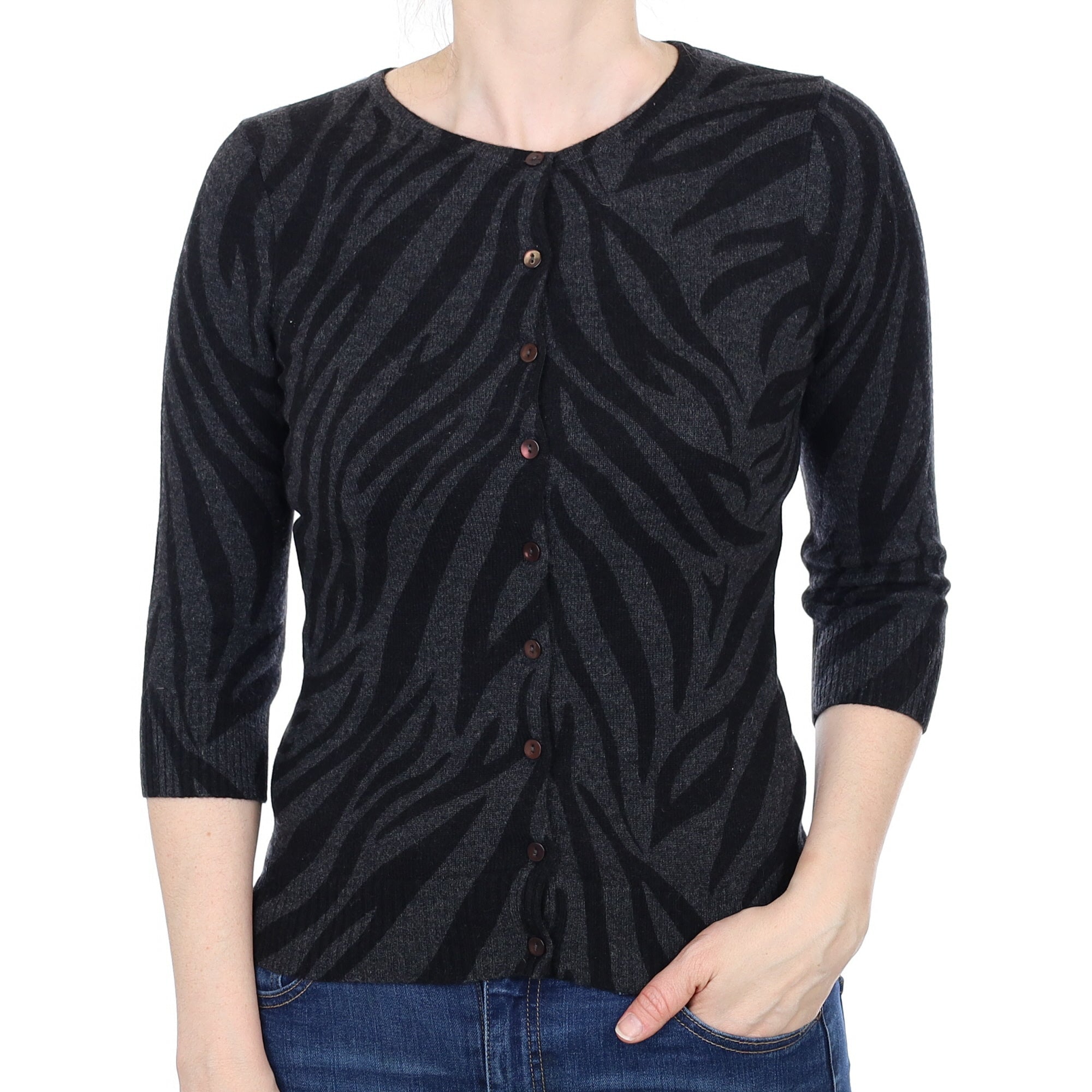 Black and Grey Animal Print Cashmere Crew Neck  Cardigan Small