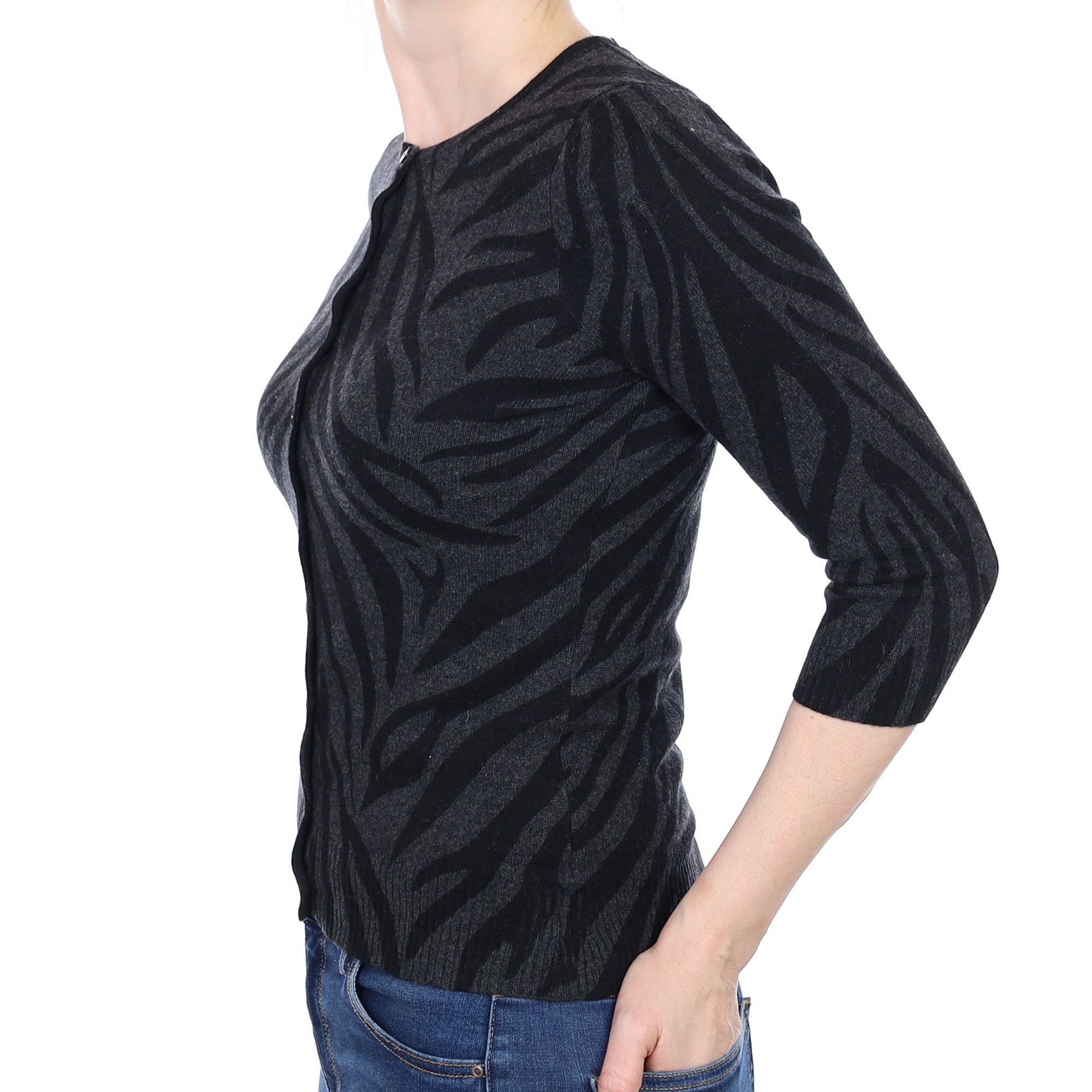 Black and Grey Animal Print Cashmere Crew Neck  Cardigan Small