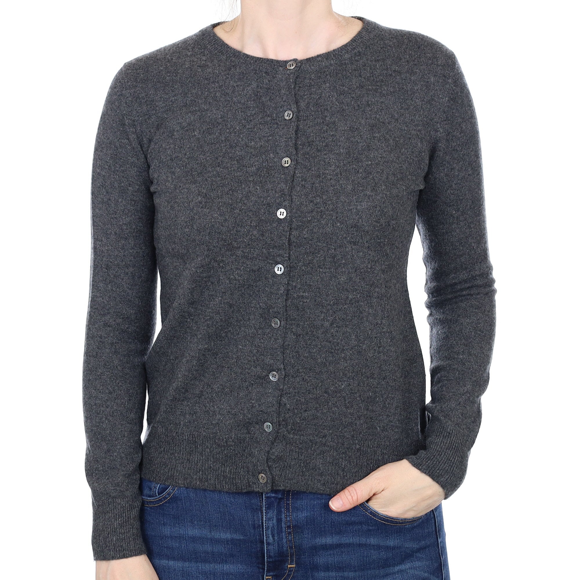 Charcoal Grey Cashmere Crew Neck Cardigan Small