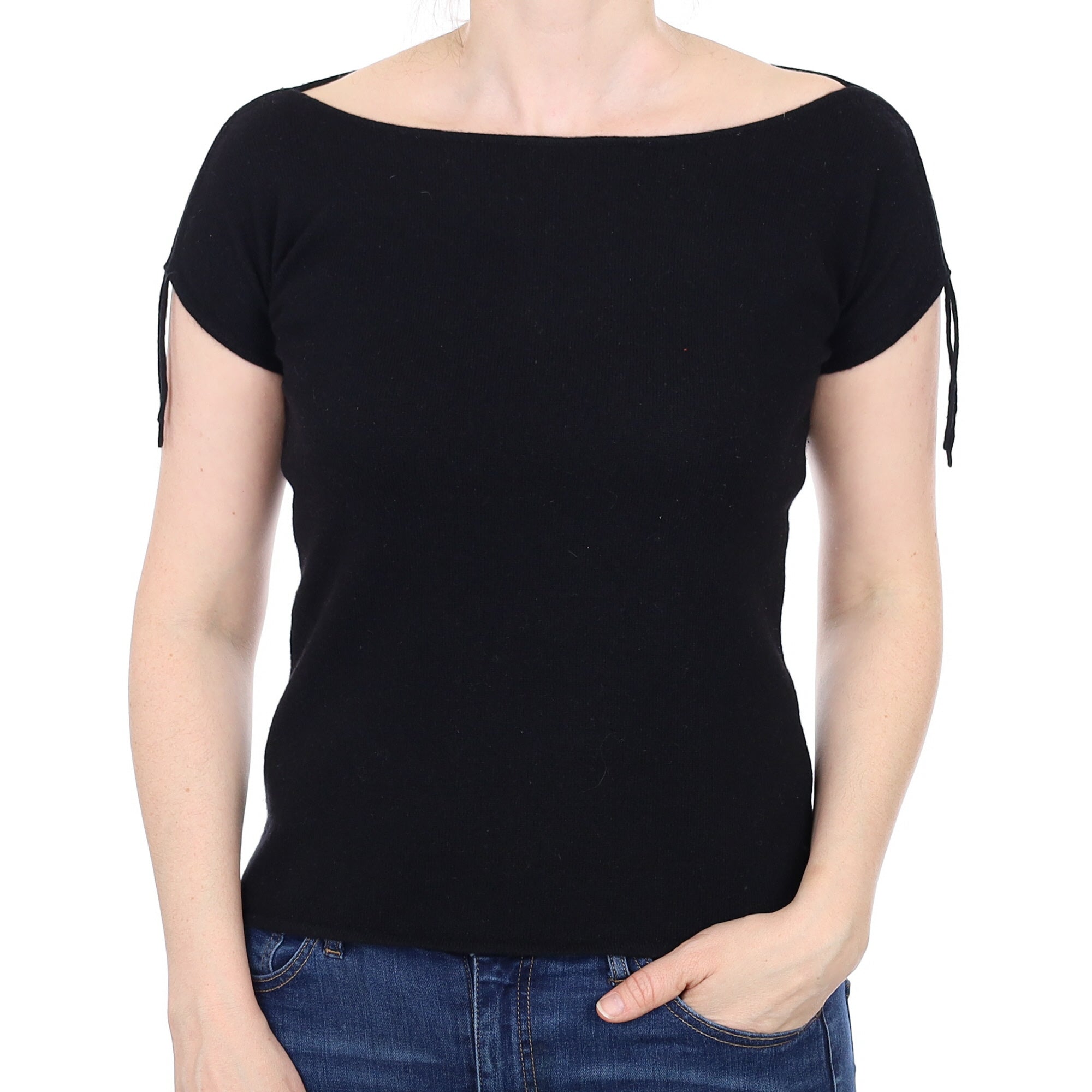 Black Cashmere Short Sleeved Boat Neck Jumper Small