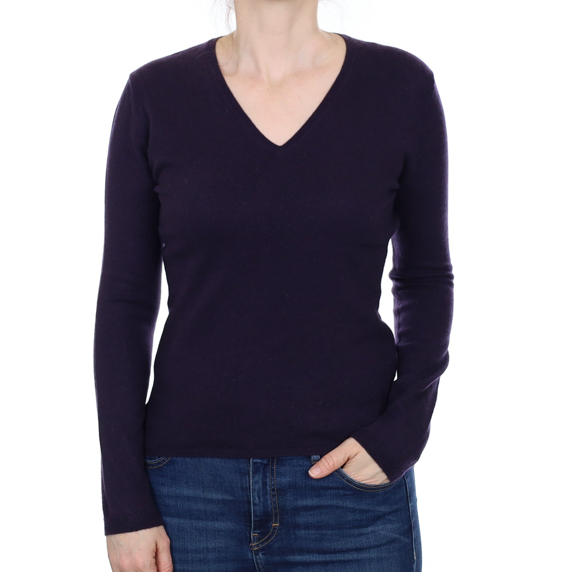 Grape Purple Cashmere V Neck Jumper Small